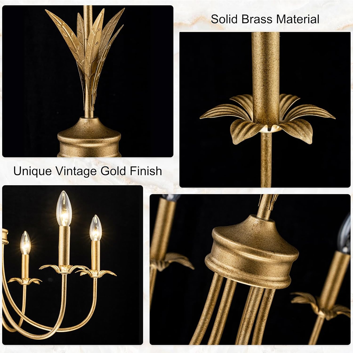 Flower Antique Brass Gold Chandeliers for Dining Room, 25.6" 6-Light Vintage French Country Chandelier Farmhouse Dining Room Light Fixture over Table Kitchen Pendant Lights for Bedroom Living Room