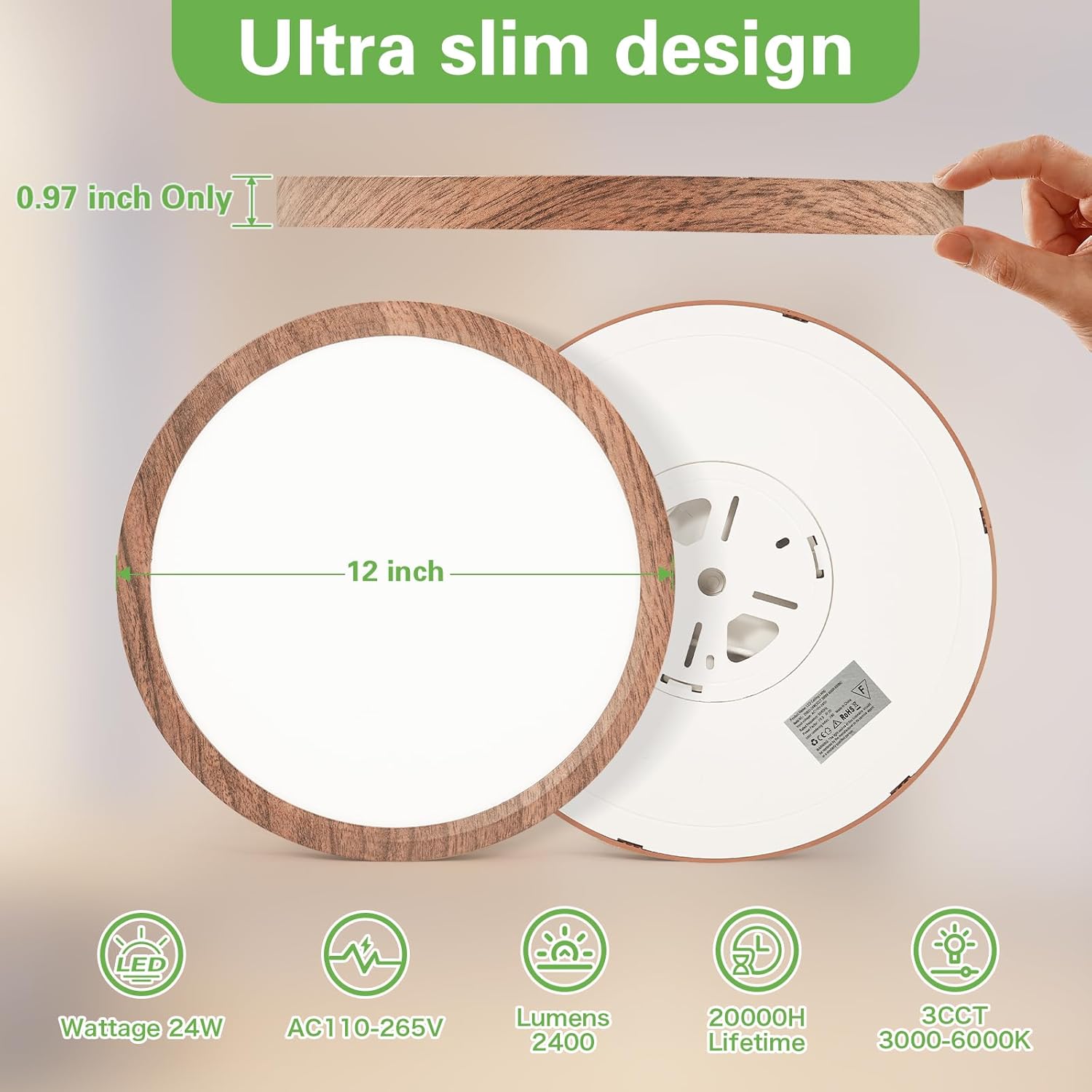 Kimjo 12 Inch 24W Modern Flush Mount Ceiling Light, 3 Color Temperature Walnut Wood Grain Flat Low Profile Ceiling Light Fixture Led Light for Bedroom Kitchen Bathroom Hallway