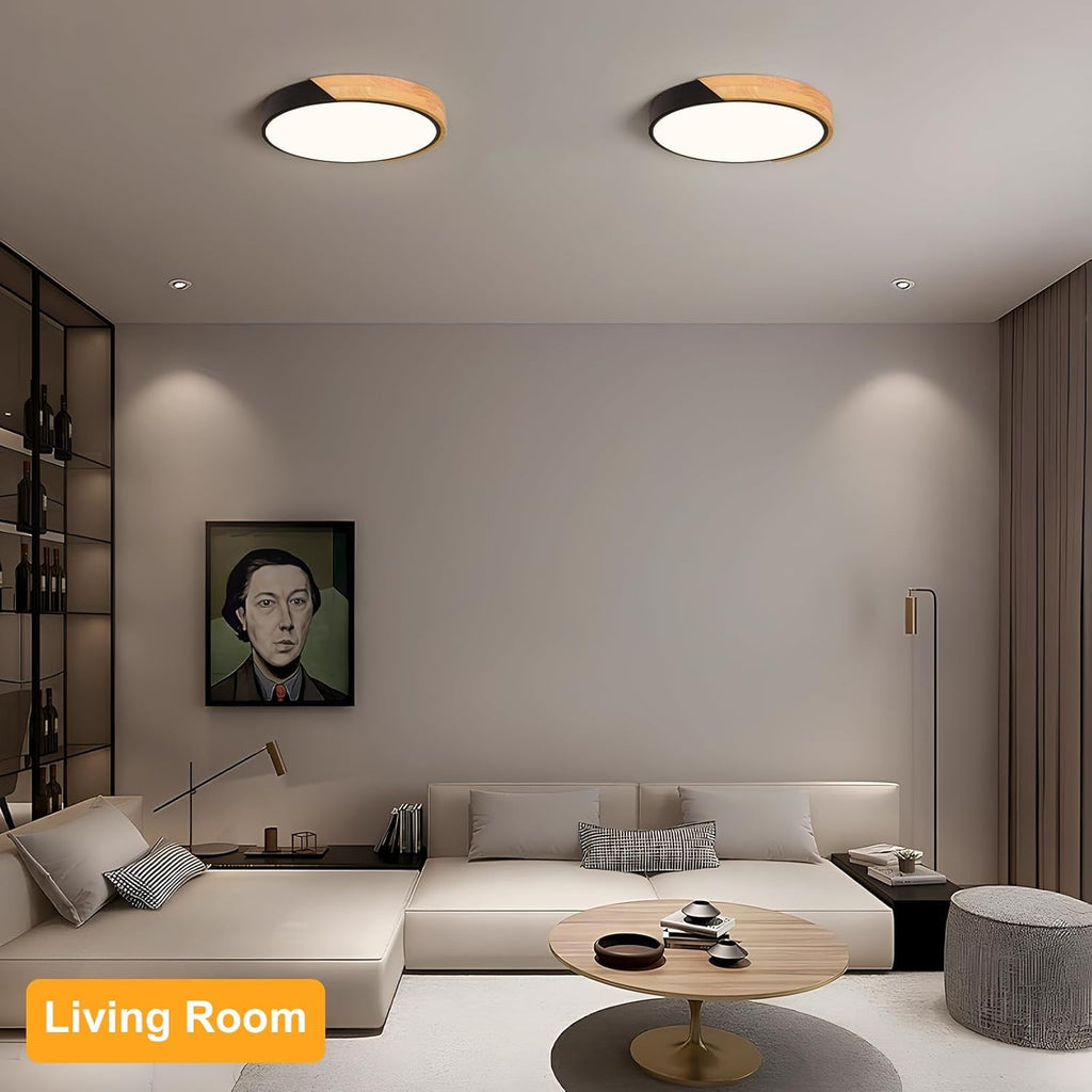 Modern LED Ceiling Light, Minimalist Wood Flush Mount Ceiling Light Fixture, 4000K Not Dimmable, Circle Lighting Lamp with Acrylic Lampshade for Bedroom Laundry Room Hallway (Black,11.8")
