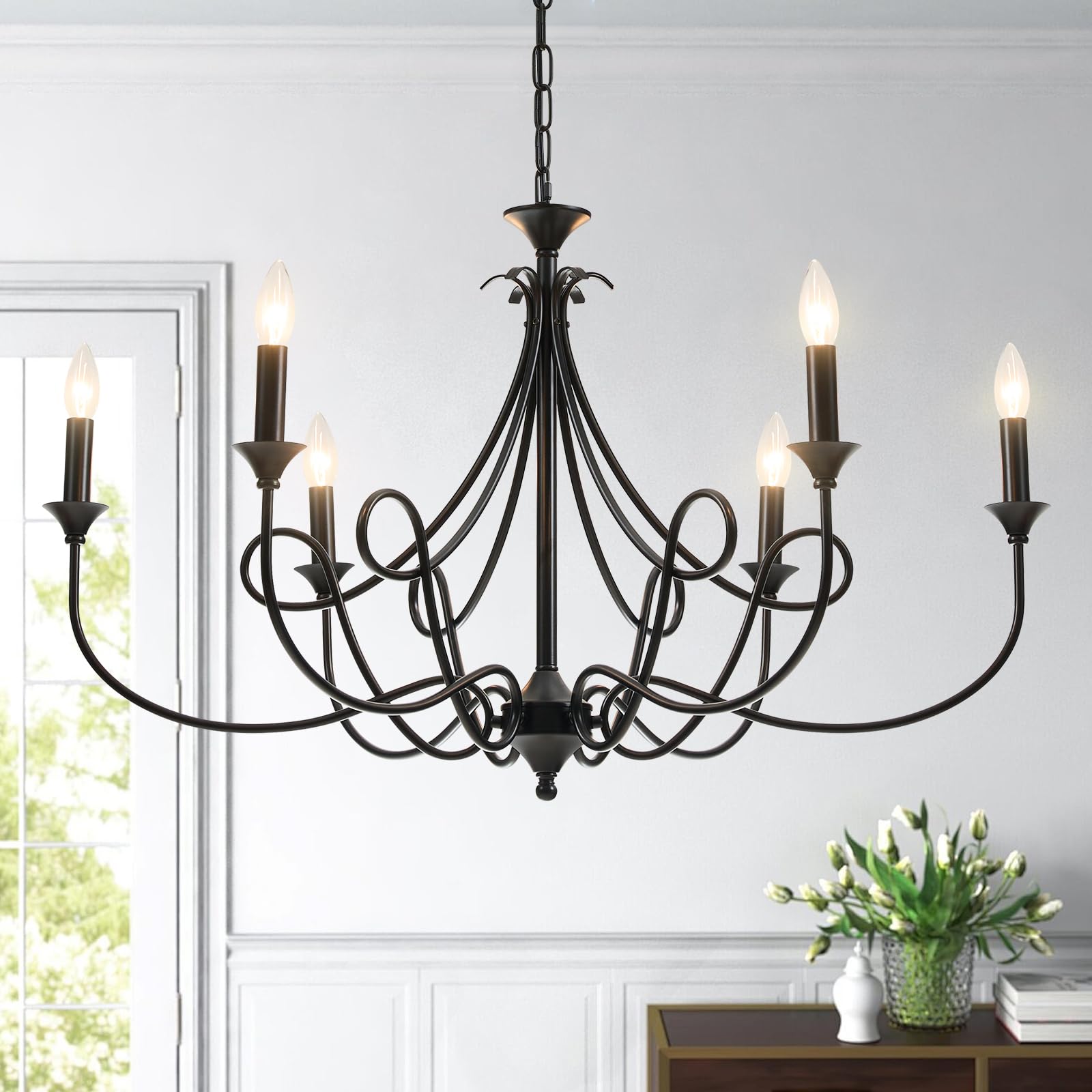 6-Light Modern Chandelier 36.6" Brass Candle Chandeliers Metal Gold Pendant Light Fixture for Dining Room Living Room Kitchen Island Foyer Entryway, E12 Base