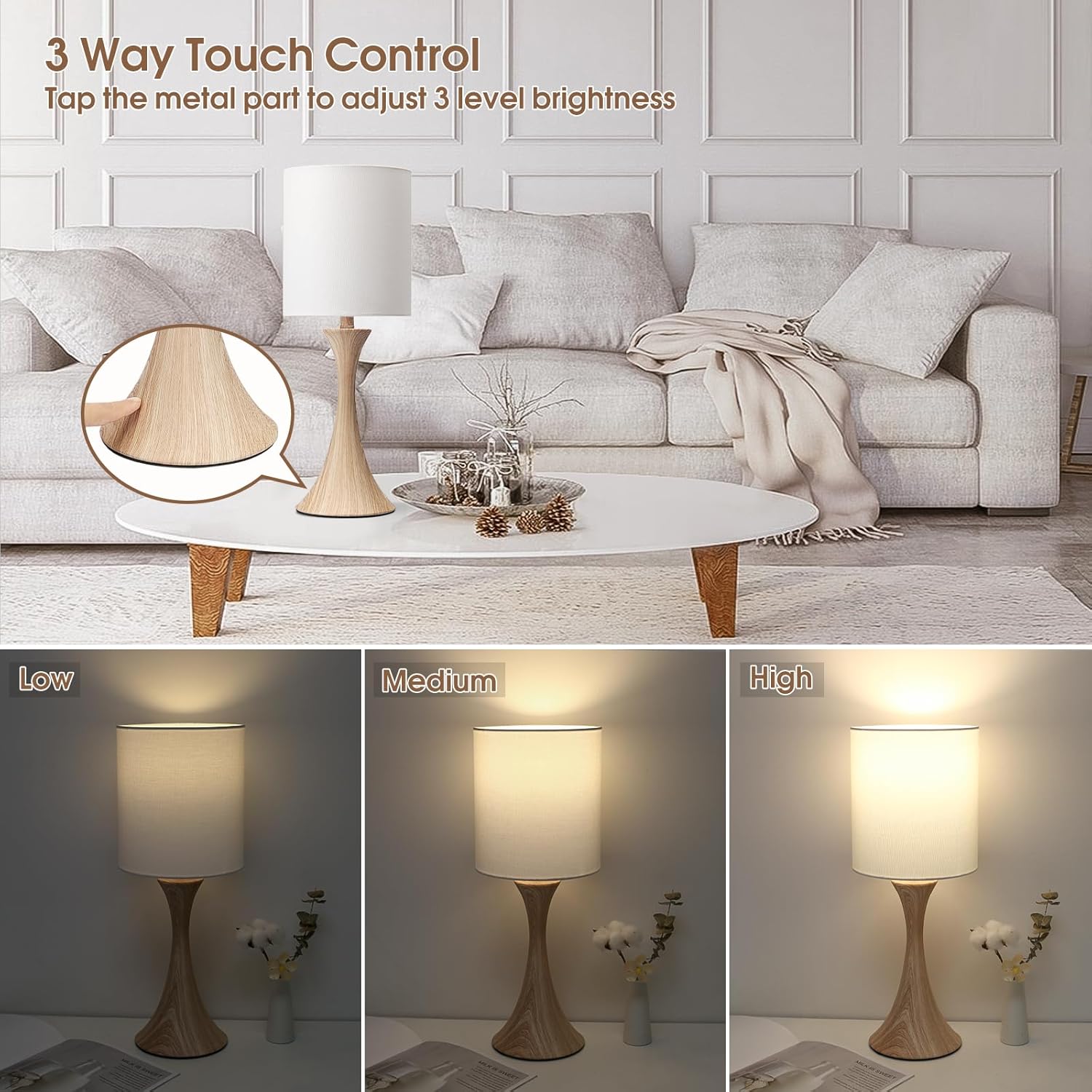 Bedside Touch Lamp, 3 Way Dimmable Touch Control Table Lamp, Wood Grain Farmhouse Table Lamp, Modern Nightstand Lamp with White Shade for Bedroom, Dorm, Office, 3000K LED Bulb Included