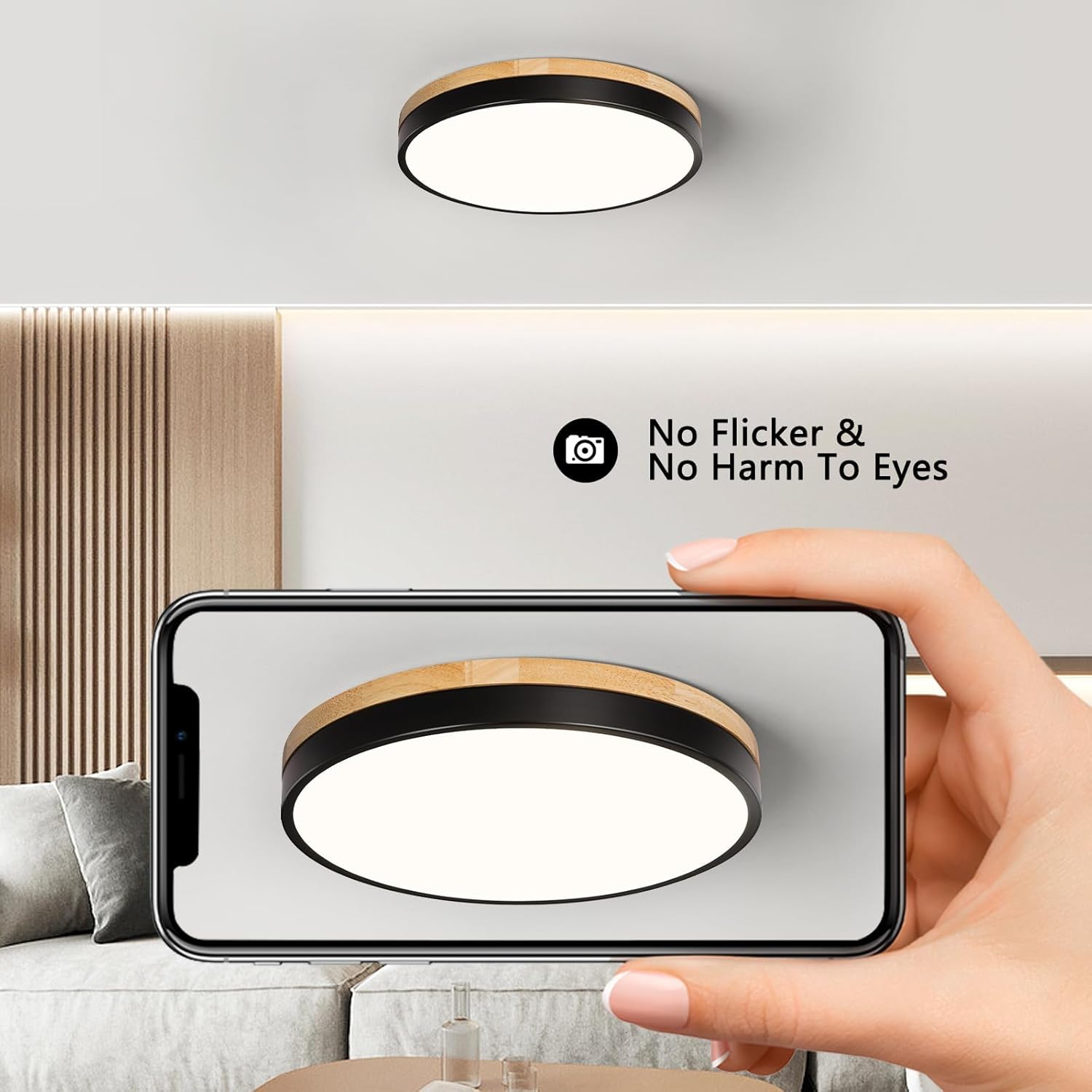Modern Wood Black Flush Mount Ceiling Light, 11.81" Round LED Low Profile Close to Ceiling Fixture for Kitchen Bedroom Bathroom Laundry Hallway Entryway Closet Living Room