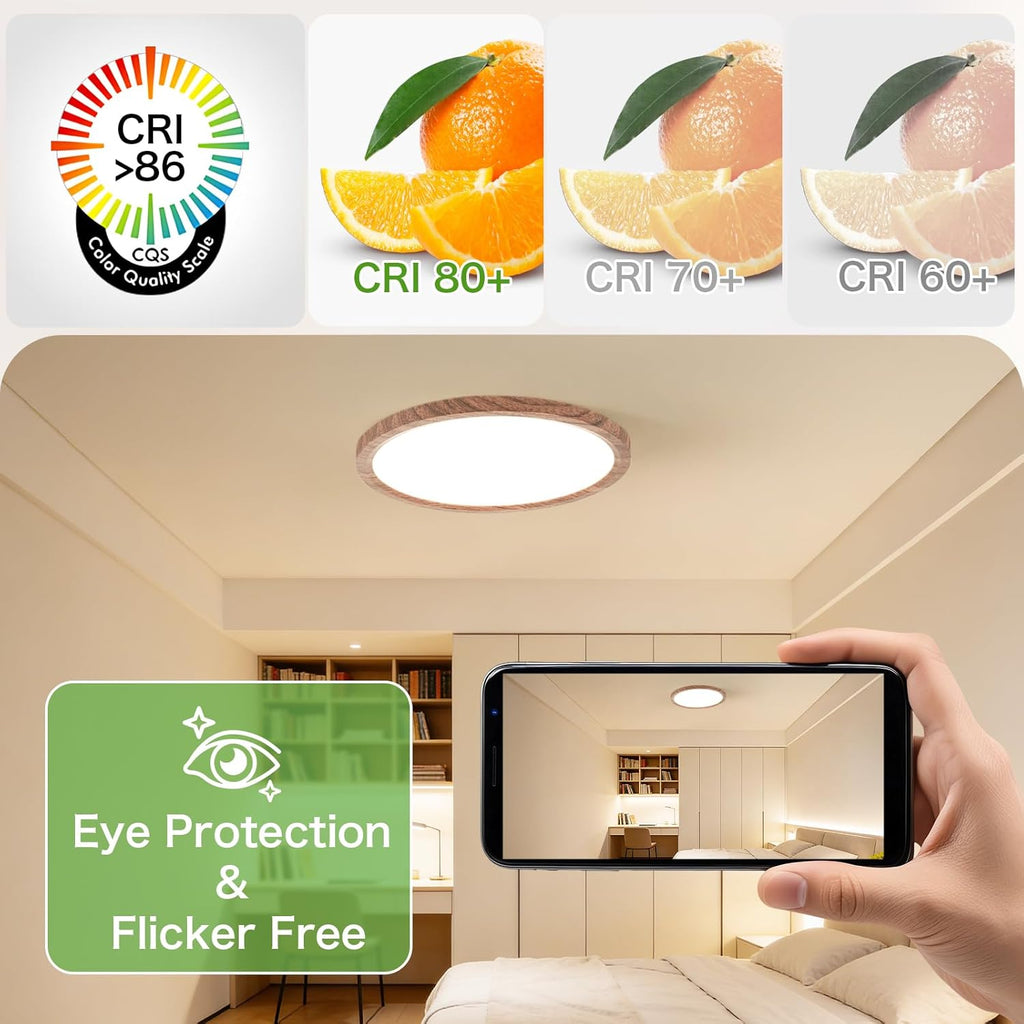 Kimjo 12 Inch 24W Modern Flush Mount Ceiling Light, 3 Color Temperature Walnut Wood Grain Flat Low Profile Ceiling Light Fixture Led Light for Bedroom Kitchen Bathroom Hallway