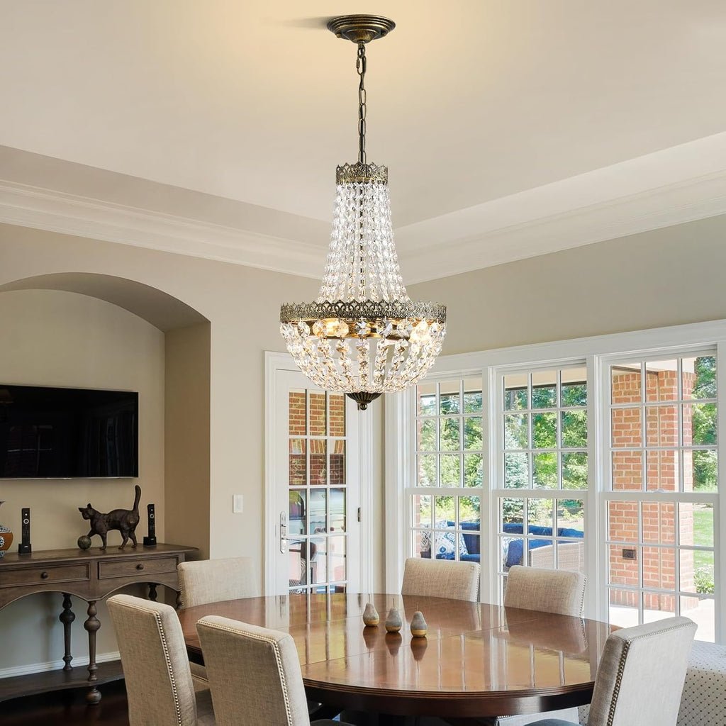 4 Lights French Empire Mini Crystal Chandelier Farmhouse Pendant Lighting,Antique Brass Finish Ceiling Light Fixture for Dining Room Bedroom Foyer Living Room, W12.6 x H19.7