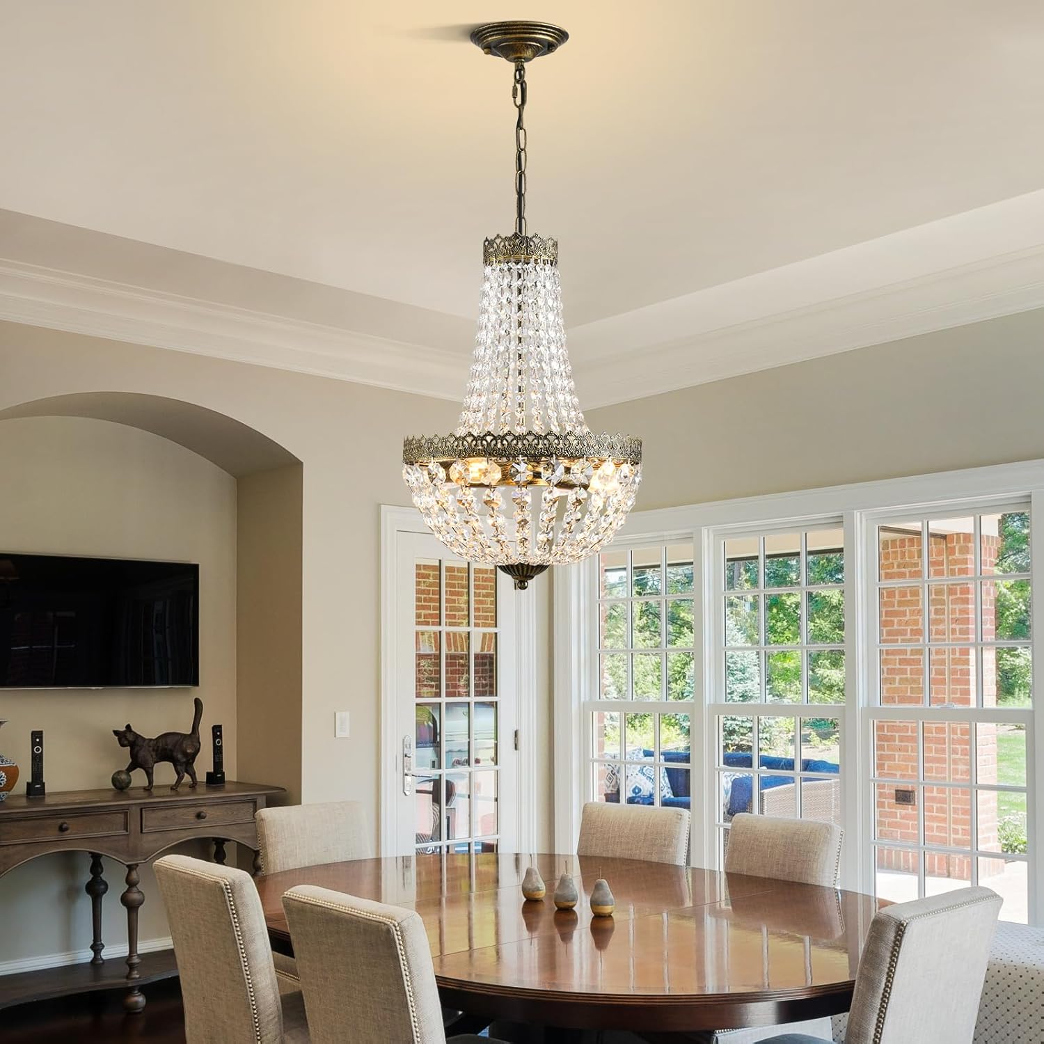 4 Lights French Empire Mini Crystal Chandelier Farmhouse Pendant Lighting,Antique Brass Finish Ceiling Light Fixture for Dining Room Bedroom Foyer Living Room, W12.6 x H19.7