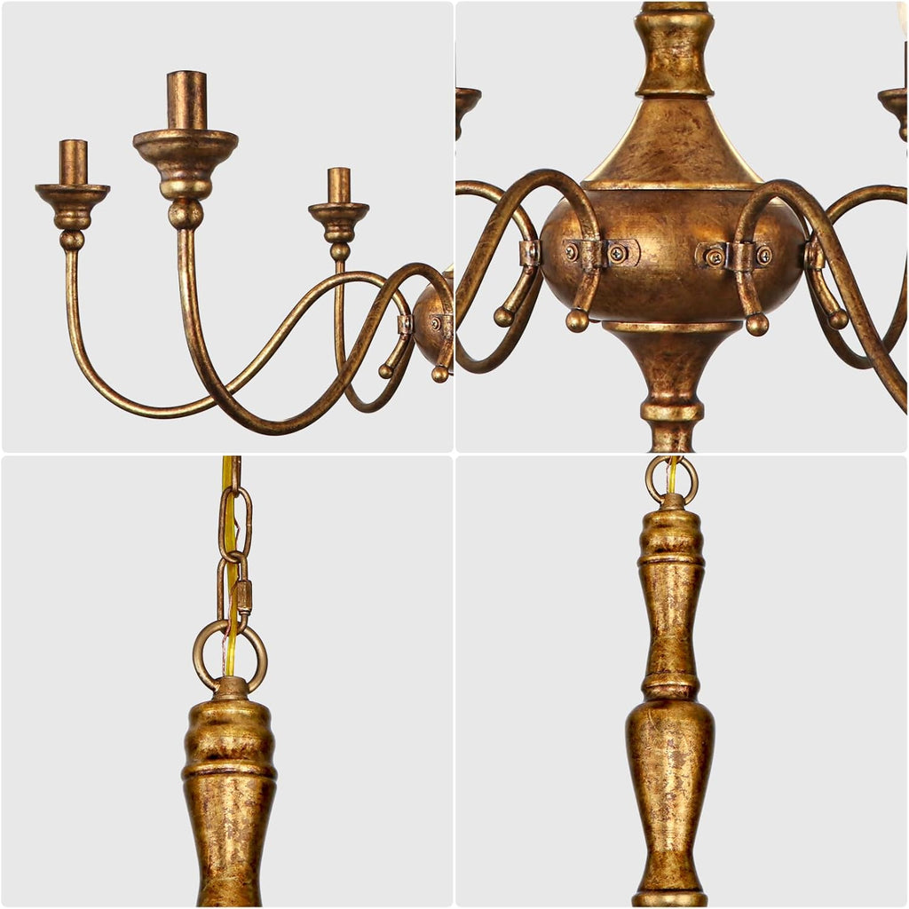6-Light Farmhouse Chandelier for Dining Room, Antique Gold Rustic Chandelier, Adjustable Vintage Hanging Light Fixture for Bedroom, Kitchen, Living Room, Entryway, Foyer