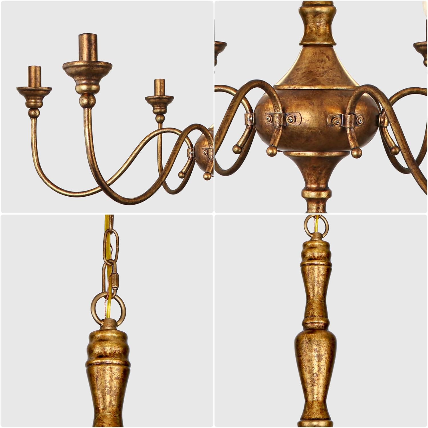 6-Light Farmhouse Chandelier for Dining Room, Antique Gold Rustic Chandelier, Adjustable Vintage Hanging Light Fixture for Bedroom, Kitchen, Living Room, Entryway, Foyer