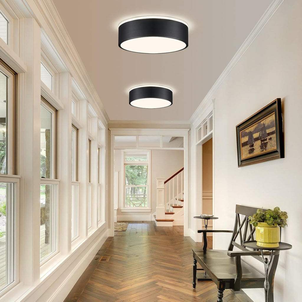 Black LED Ceiling Light, Modern Flush Mount Ceiling Light Fixture, Not Dimmable Minimalist Round Metal Lighting Fixture Ceiling Lamp for Hallway, Entryway, Bedroom, Balcony, 11.81 Inch