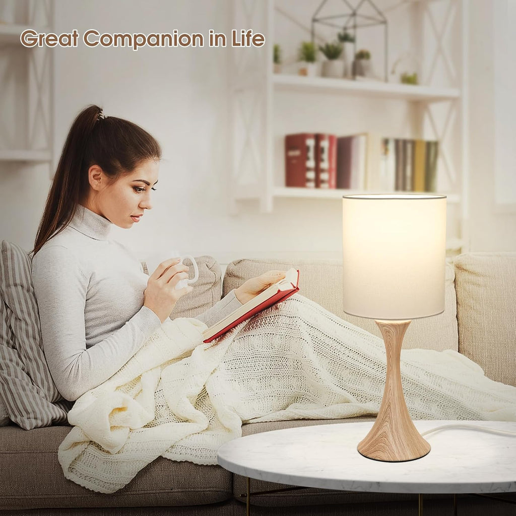 Bedside Touch Lamp, 3 Way Dimmable Touch Control Table Lamp, Wood Grain Farmhouse Table Lamp, Modern Nightstand Lamp with White Shade for Bedroom, Dorm, Office, 3000K LED Bulb Included