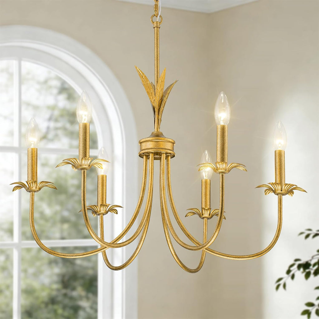Flower Antique Brass Gold Chandeliers for Dining Room, 25.6" 6-Light Vintage French Country Chandelier Farmhouse Dining Room Light Fixture over Table Kitchen Pendant Lights for Bedroom Living Room