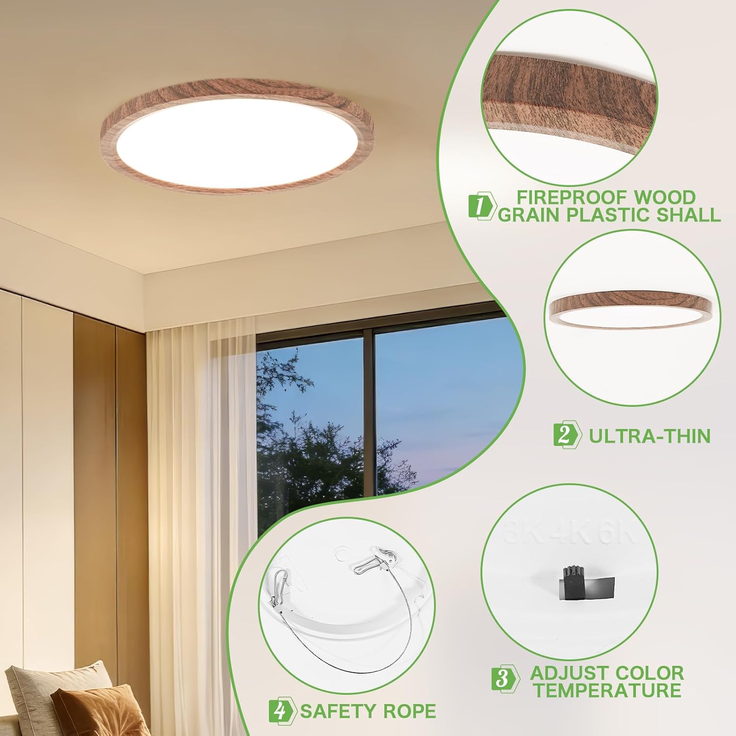 Kimjo 12 Inch 24W Modern Flush Mount Ceiling Light, 3 Color Temperature Walnut Wood Grain Flat Low Profile Ceiling Light Fixture Led Light for Bedroom Kitchen Bathroom Hallway