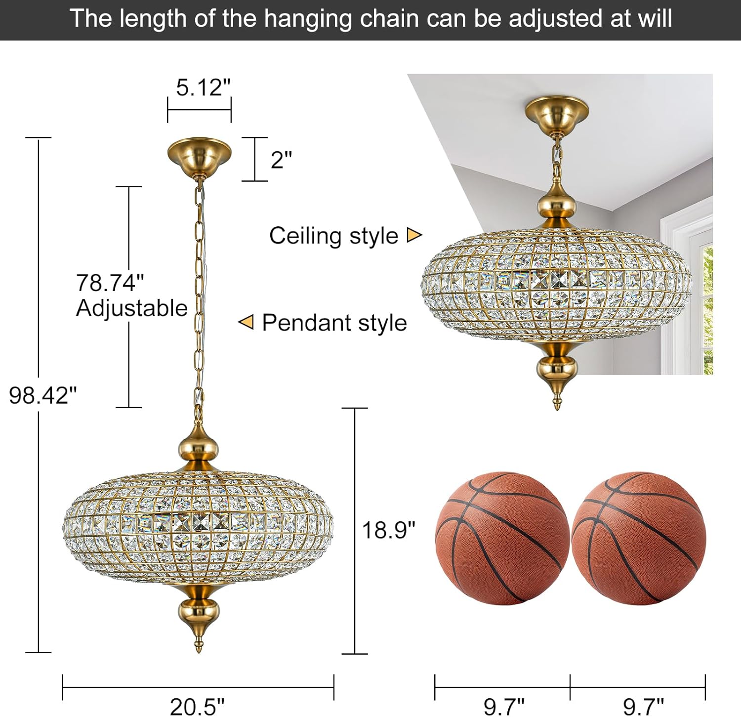 20.5" Antique Brass Crystal Chandelier, Large Farmhouse Dining Room Light Fixture, 5-Light Vintage Crystal Hanging Chandelier for High Ceiling Living Room Kitchen Island