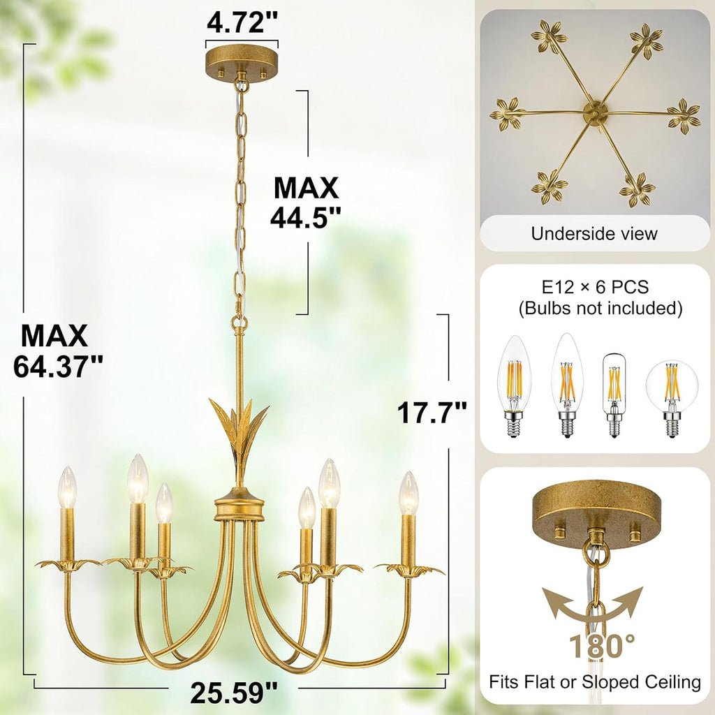 Flower Antique Brass Gold Chandeliers for Dining Room, 25.6" 6-Light Vintage French Country Chandelier Farmhouse Dining Room Light Fixture over Table Kitchen Pendant Lights for Bedroom Living Room