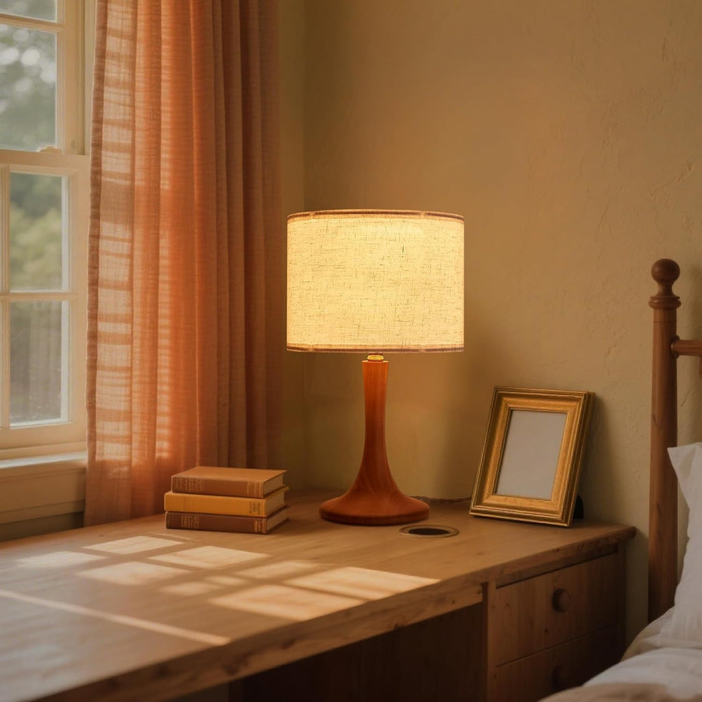 Bedside Table Lamp for Bedroom, Nordic Plug in Fabric Shade & Solid Wood Base Desk Lamp, Plug & Play Natural Wood Nightstand Lamp for Living Room, Office, Switch Power Cord 【Bulb Not Included】