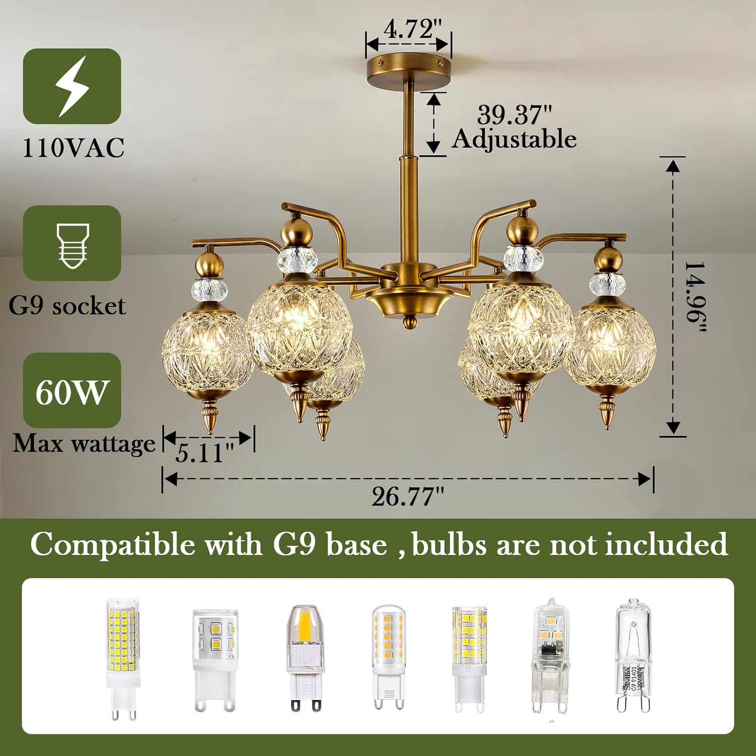 Piepooye Vintage Gold Sputnik Chandelier 6 Lights Crystal Adjustable Hanging Ceiling Light Fixture Antique Large Pendant Lighting with Glass Globe Shade for Living Room Dinning Room Bedroom Kitchen