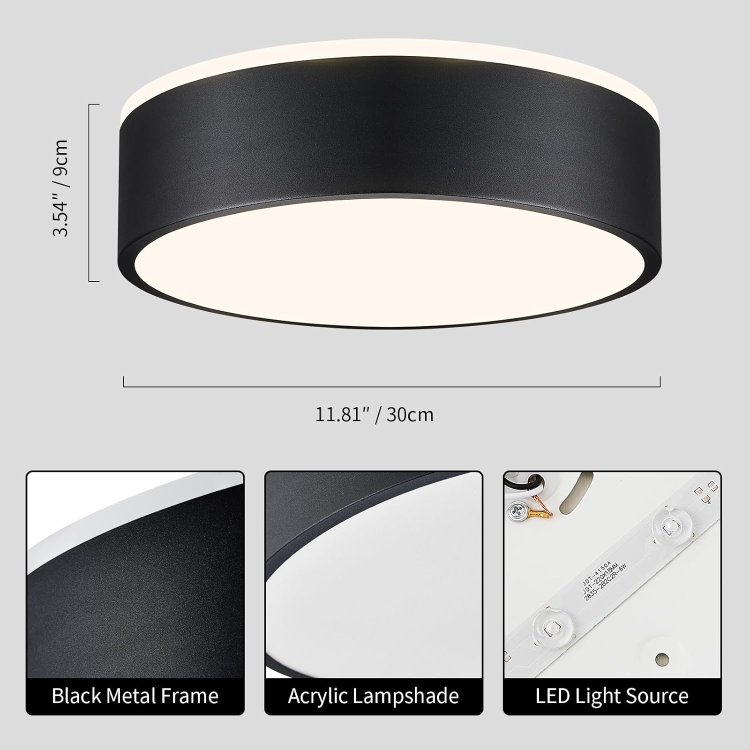 Black LED Ceiling Light, Modern Flush Mount Ceiling Light Fixture, Not Dimmable Minimalist Round Metal Lighting Fixture Ceiling Lamp for Hallway, Entryway, Bedroom, Balcony, 11.81 Inch