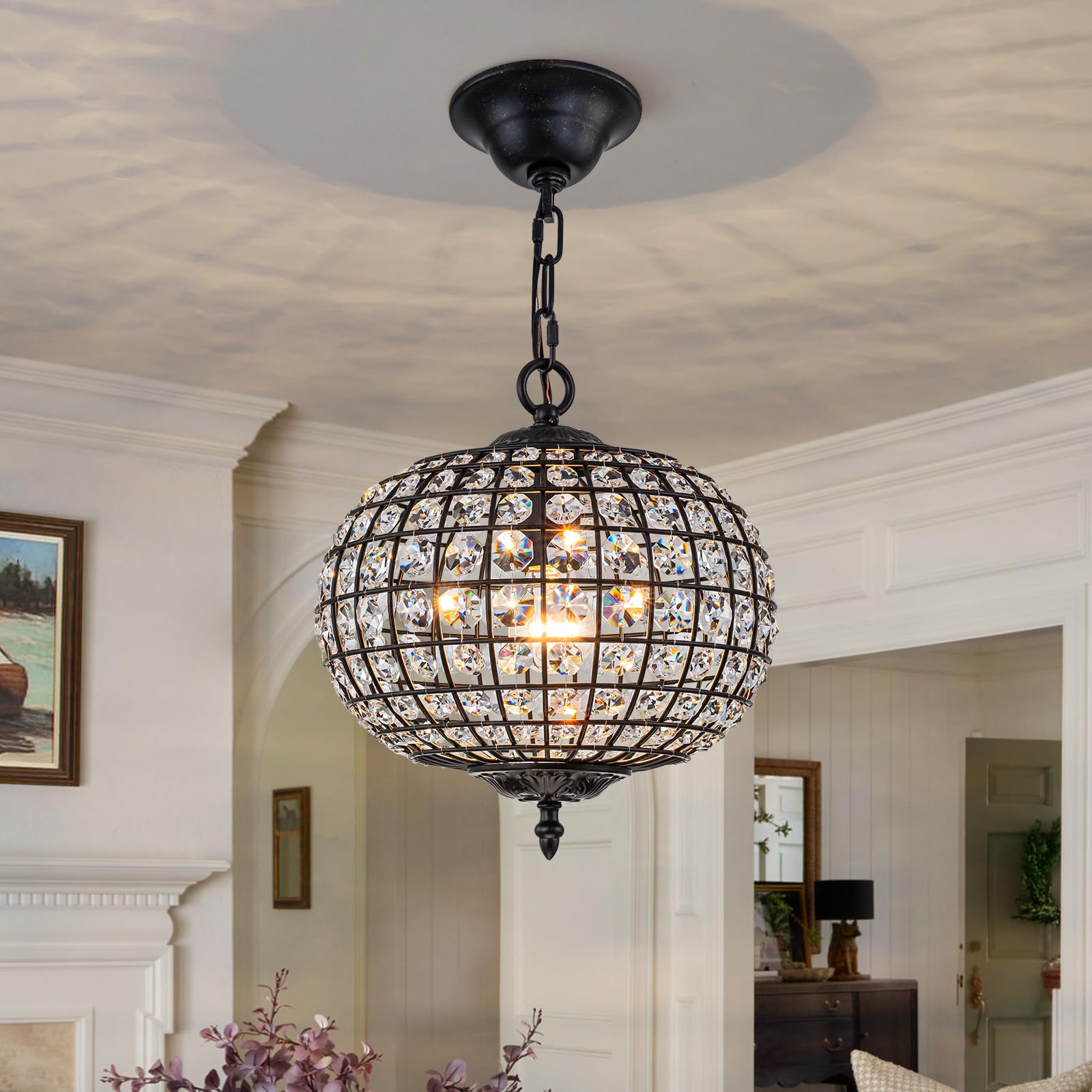 20.5" Antique Brass Crystal Chandelier, Large Farmhouse Dining Room Light Fixture, 5-Light Vintage Crystal Hanging Chandelier for High Ceiling Living Room Kitchen Island