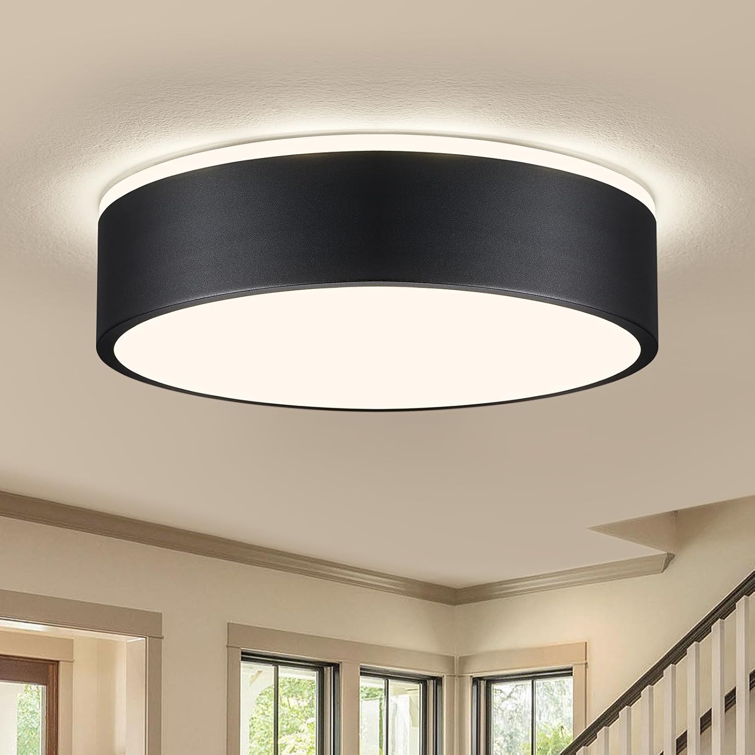 Black LED Ceiling Light, Modern Flush Mount Ceiling Light Fixture, Not Dimmable Minimalist Round Metal Lighting Fixture Ceiling Lamp for Hallway, Entryway, Bedroom, Balcony, 11.81 Inch
