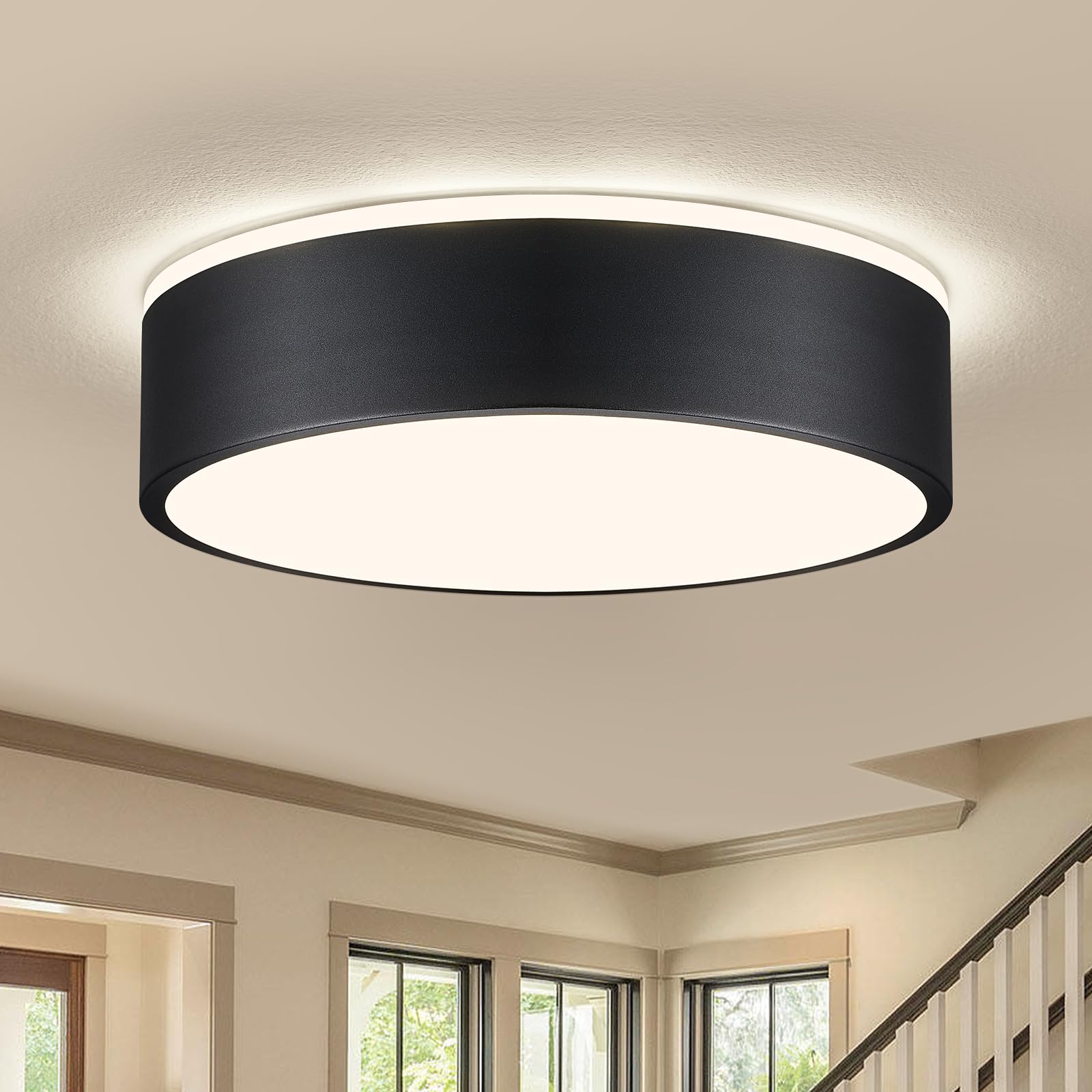 Black LED Ceiling Light, Modern Flush Mount Ceiling Light Fixture, Not Dimmable Minimalist Round Metal Lighting Fixture Ceiling Lamp for Hallway, Entryway, Bedroom, Balcony, 11.81 Inch