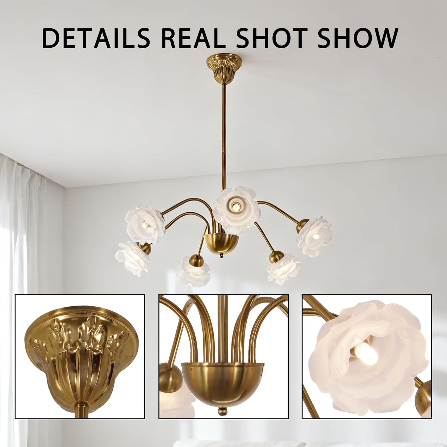 Fandian 6-Light Vintage Chandeliers in Matte Brass Finish with Glass Shades, Retro Flower Petal Chandelier Light for Dining Room, Hallway, Kitchen