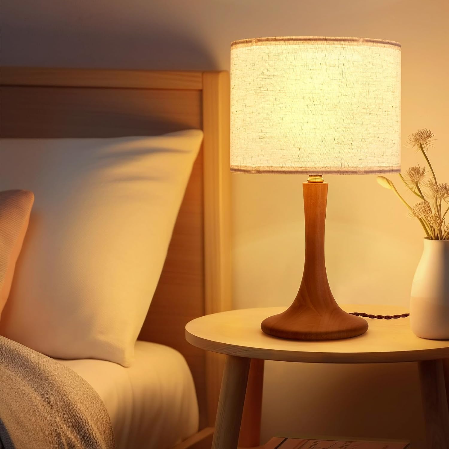 Bedside Table Lamp for Bedroom, Nordic Plug in Fabric Shade & Solid Wood Base Desk Lamp, Plug & Play Natural Wood Nightstand Lamp for Living Room, Office, Switch Power Cord 【Bulb Not Included】