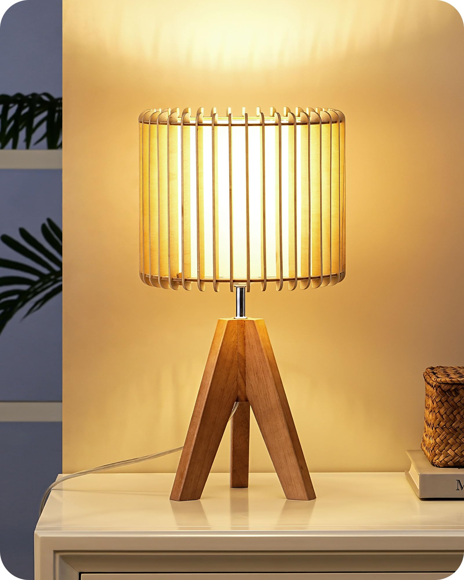 EDISHINE Boho Small Table Lamp, Walnut Color Wooden Tripod Bedside Lamp, Farmhouse Nightstand Lamp for Nursery, Bedroom, Office, Kid Room, Living Room, Grey Linen Lampshade, E26 Socket, 14.2 Inch