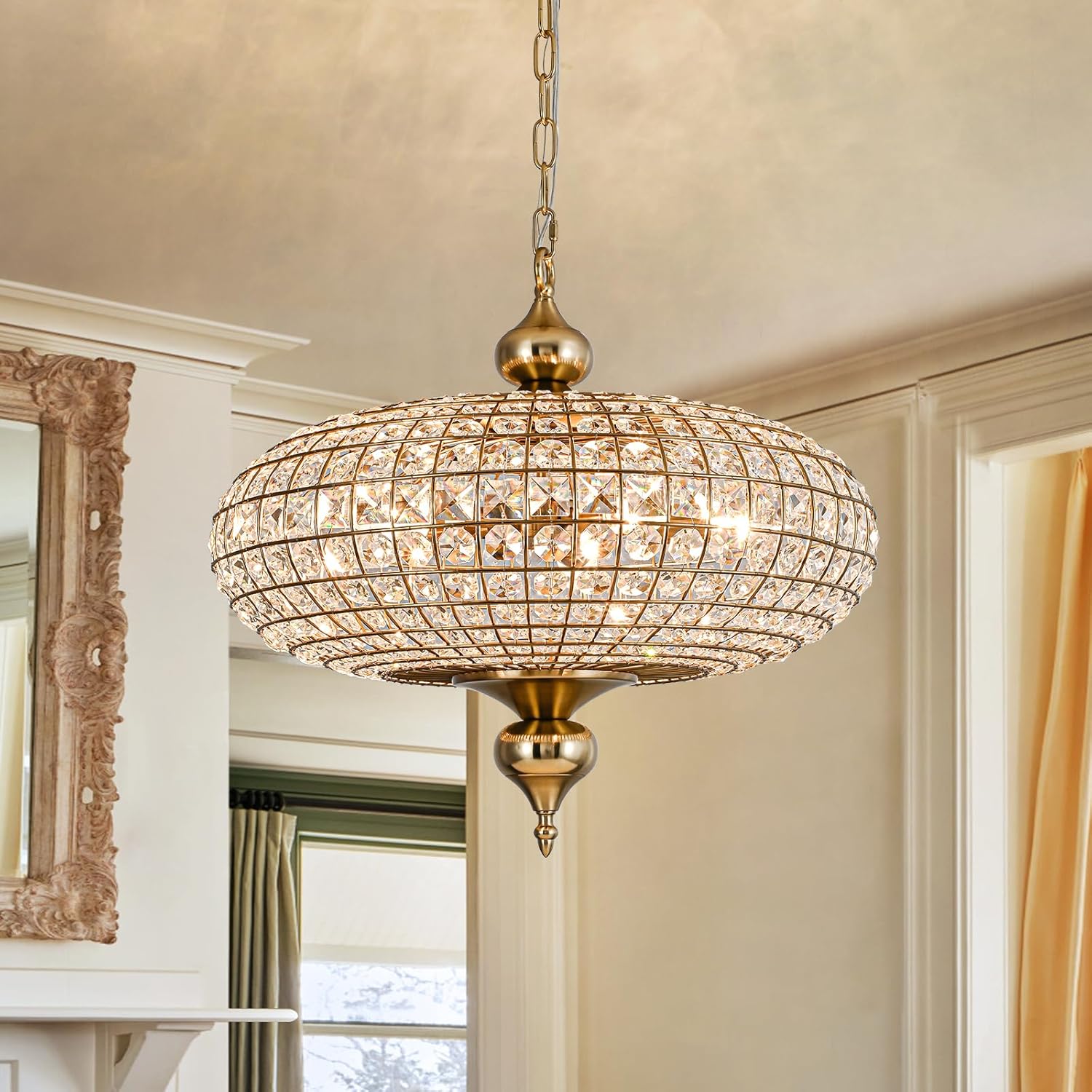 20.5" Antique Brass Crystal Chandelier, Large Farmhouse Dining Room Light Fixture, 5-Light Vintage Crystal Hanging Chandelier for High Ceiling Living Room Kitchen Island