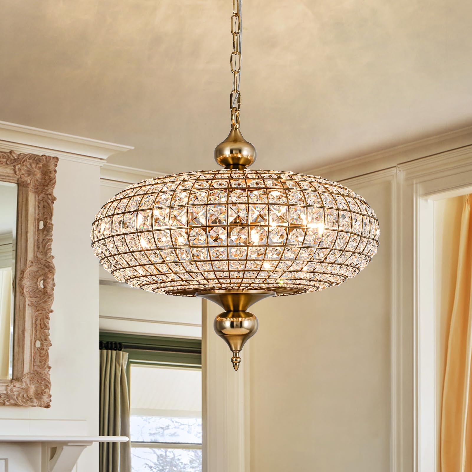 20.5" Antique Brass Crystal Chandelier, Large Farmhouse Dining Room Light Fixture, 5-Light Vintage Crystal Hanging Chandelier for High Ceiling Living Room Kitchen Island