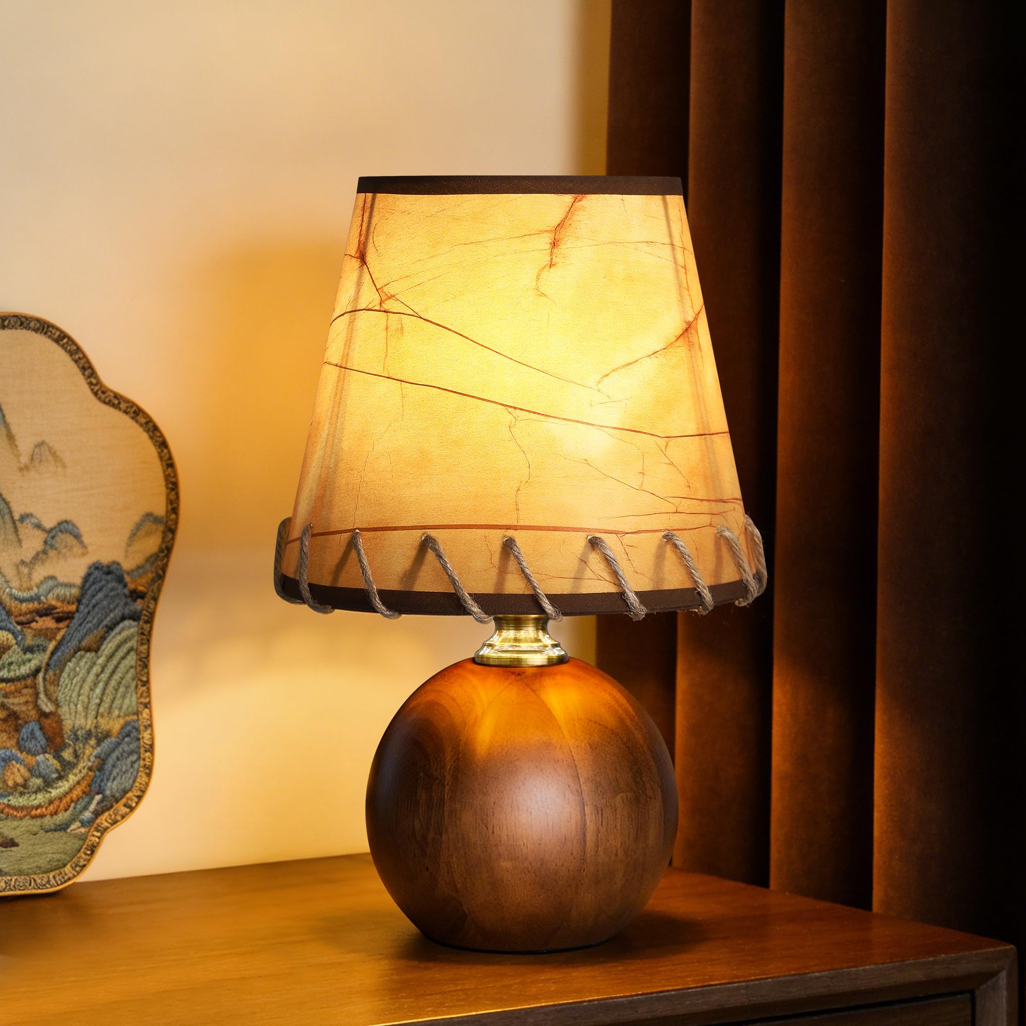 11.4" Modern Wooden Bedside Table Lamp, Small Nightstand Desk Lamp with Fabric Shade, Warm Ambient Light, Dimmable E26 Socket with Bulb Included for Bedroom Living Room (Fabric)