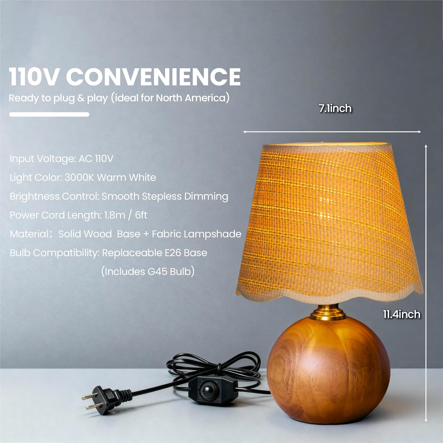 11.4" Modern Wooden Bedside Table Lamp, Small Nightstand Desk Lamp with Fabric Shade, Warm Ambient Light, Dimmable E26 Socket with Bulb Included for Bedroom Living Room (Fabric)