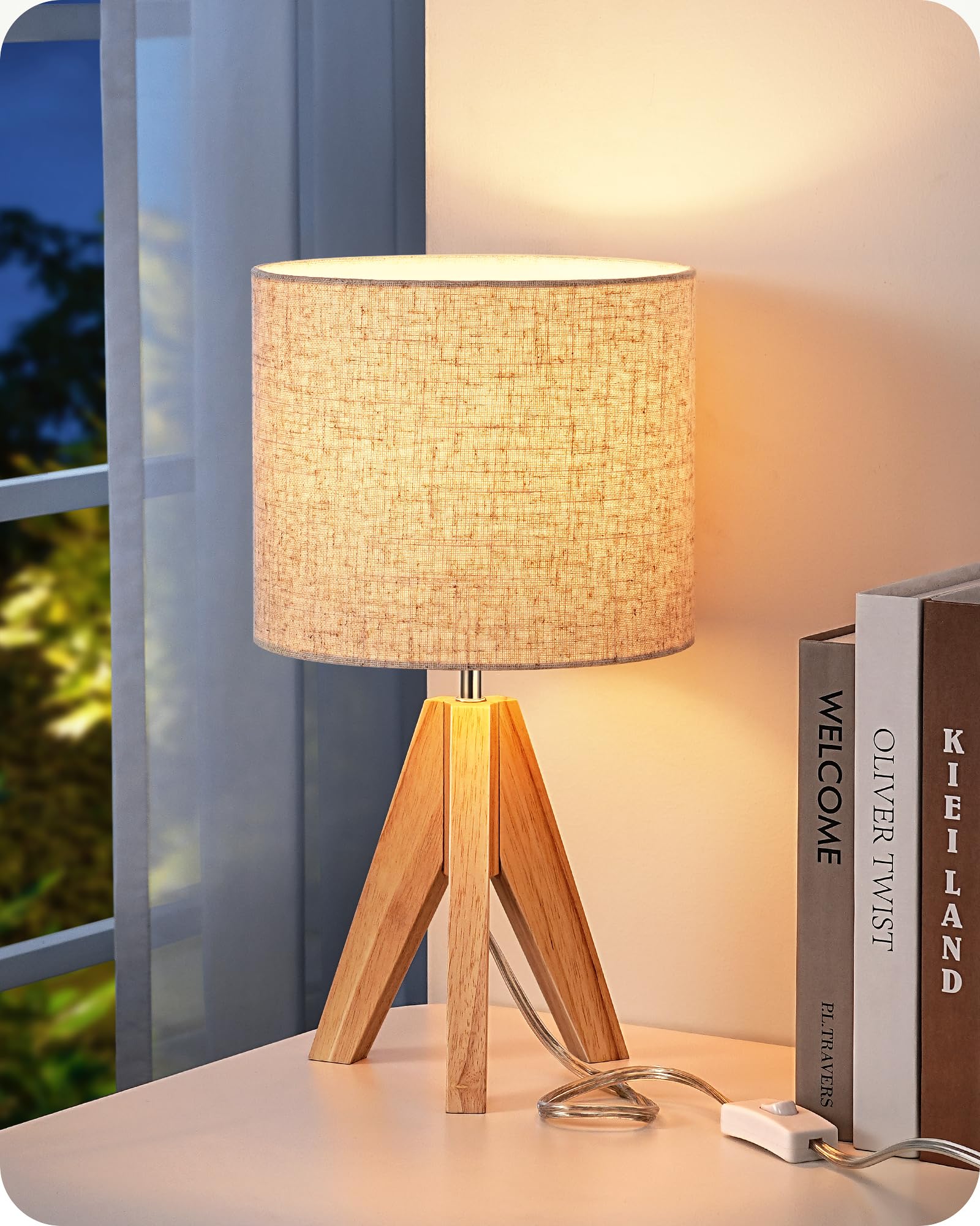 EDISHINE Boho Small Table Lamp, Walnut Color Wooden Tripod Bedside Lamp, Farmhouse Nightstand Lamp for Nursery, Bedroom, Office, Kid Room, Living Room, Grey Linen Lampshade, E26 Socket, 14.2 Inch