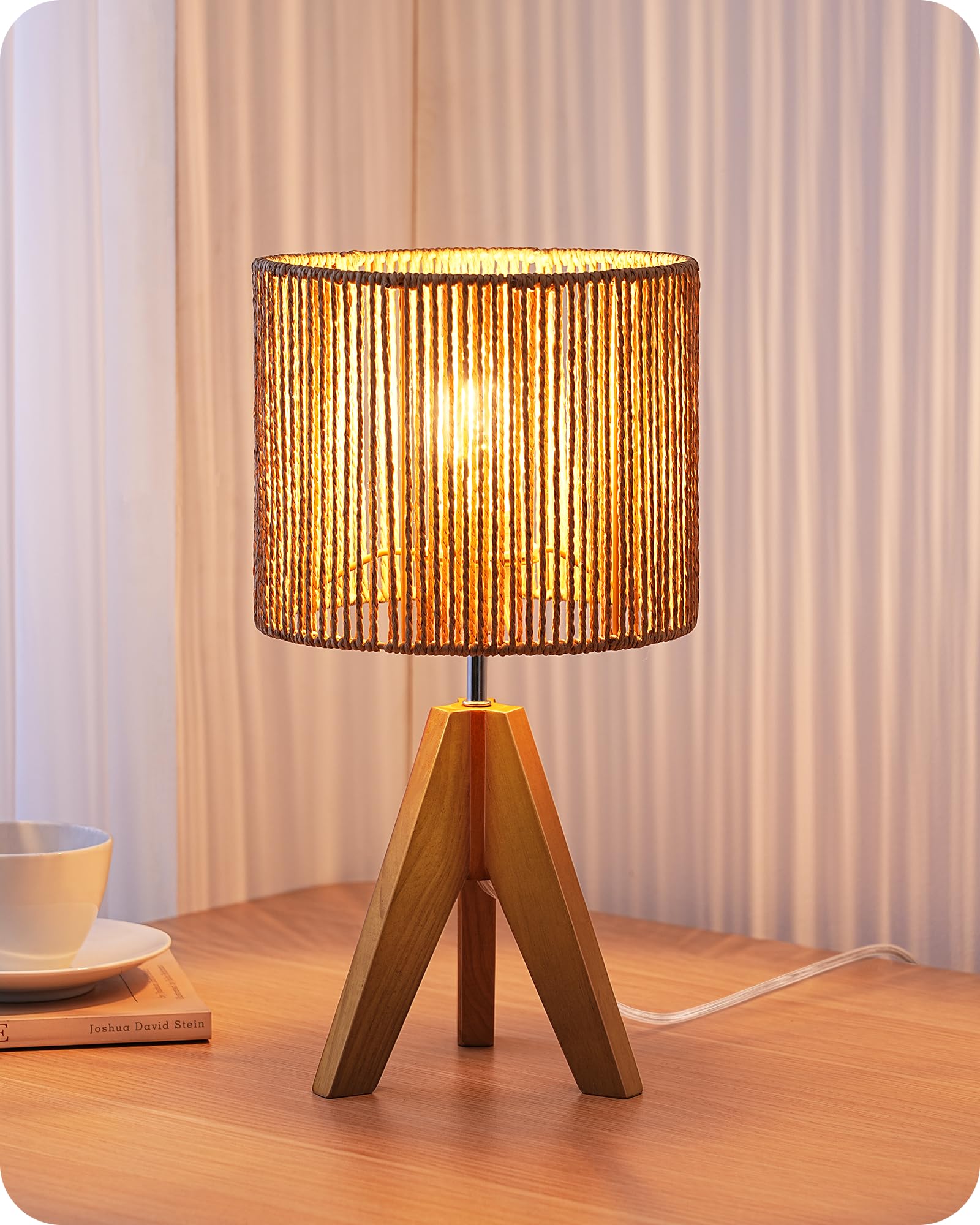 EDISHINE Boho Small Table Lamp, Walnut Color Wooden Tripod Bedside Lamp, Farmhouse Nightstand Lamp for Nursery, Bedroom, Office, Kid Room, Living Room, Grey Linen Lampshade, E26 Socket, 14.2 Inch