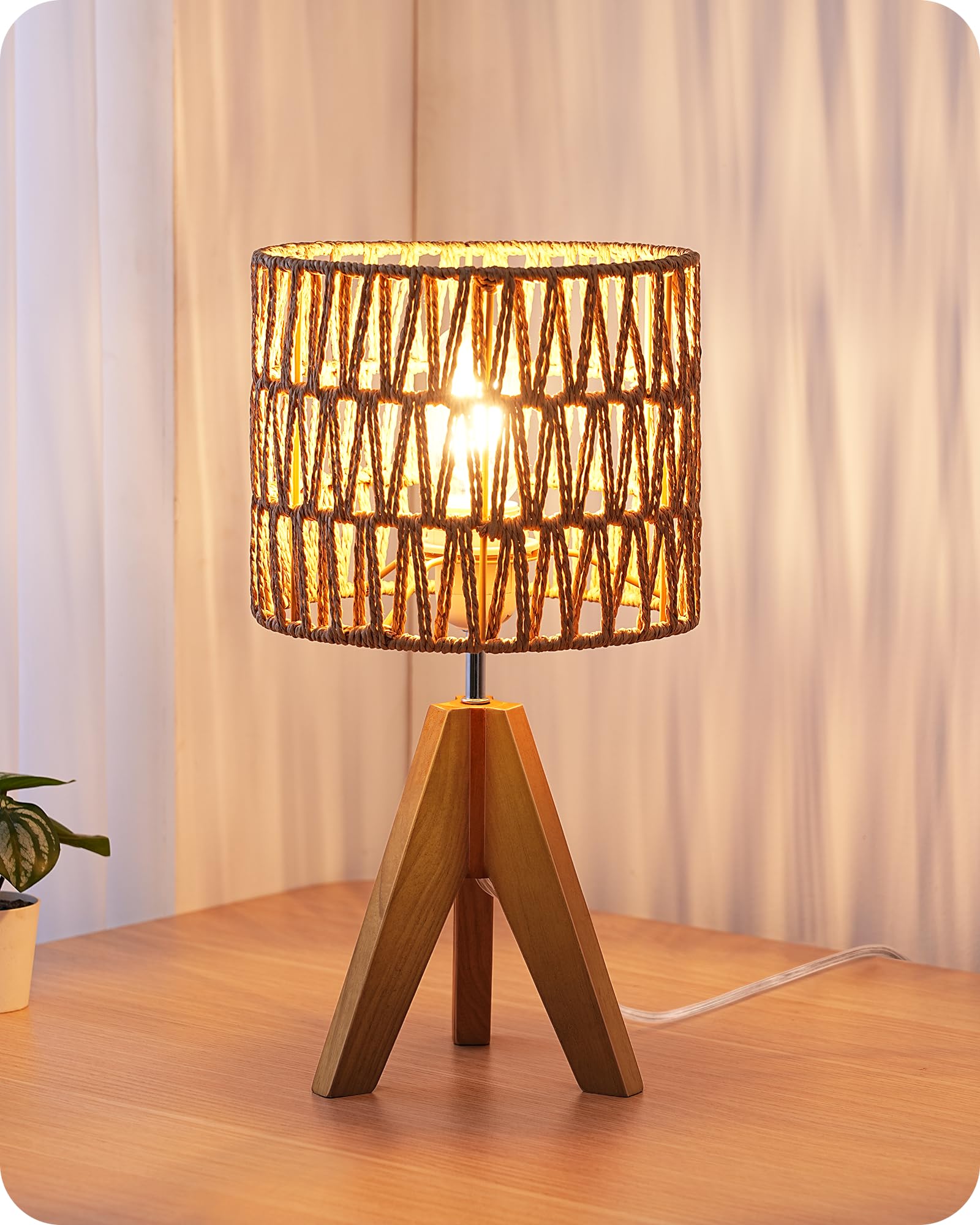 EDISHINE Boho Small Table Lamp, Walnut Color Wooden Tripod Bedside Lamp, Farmhouse Nightstand Lamp for Nursery, Bedroom, Office, Kid Room, Living Room, Grey Linen Lampshade, E26 Socket, 14.2 Inch
