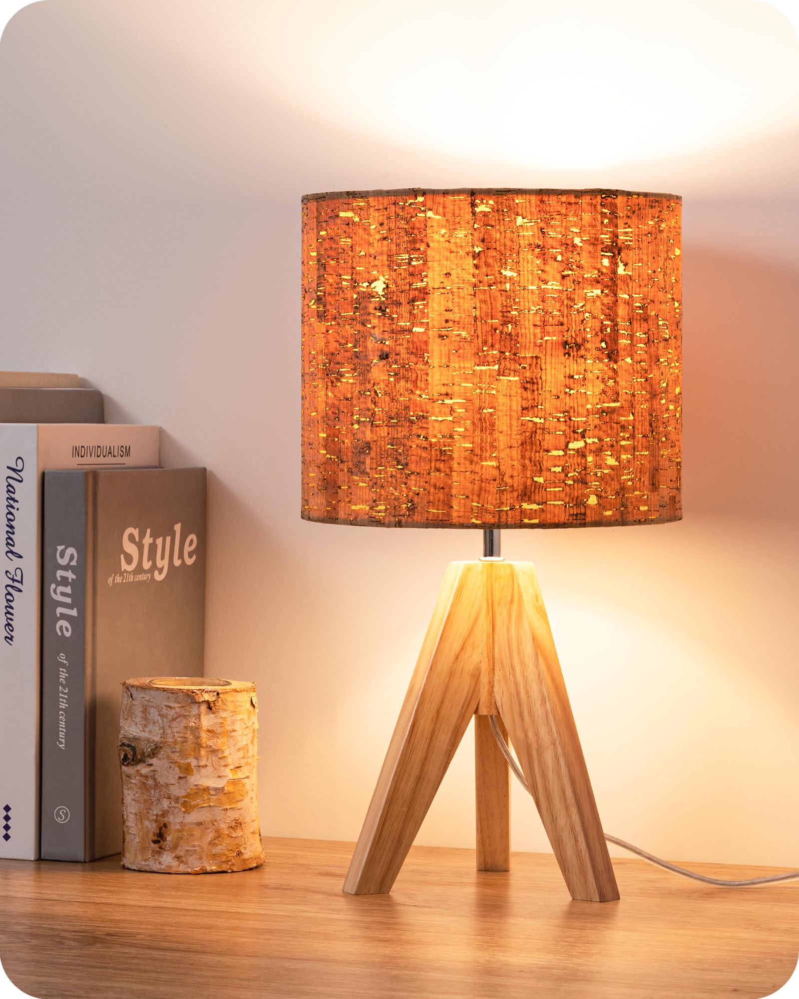 EDISHINE Boho Small Table Lamp, Walnut Color Wooden Tripod Bedside Lamp, Farmhouse Nightstand Lamp for Nursery, Bedroom, Office, Kid Room, Living Room, Grey Linen Lampshade, E26 Socket, 14.2 Inch