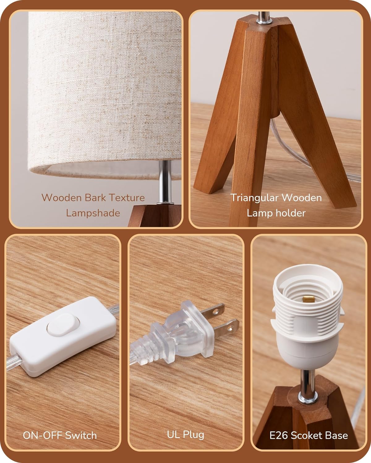 EDISHINE Small Table Lamp, Wooden Tripod Bedside Lamp with Linen Fabric Lampshade, 14.2" Nightstand Lamp for Bedroom, Living Room, Office, 2 Pack