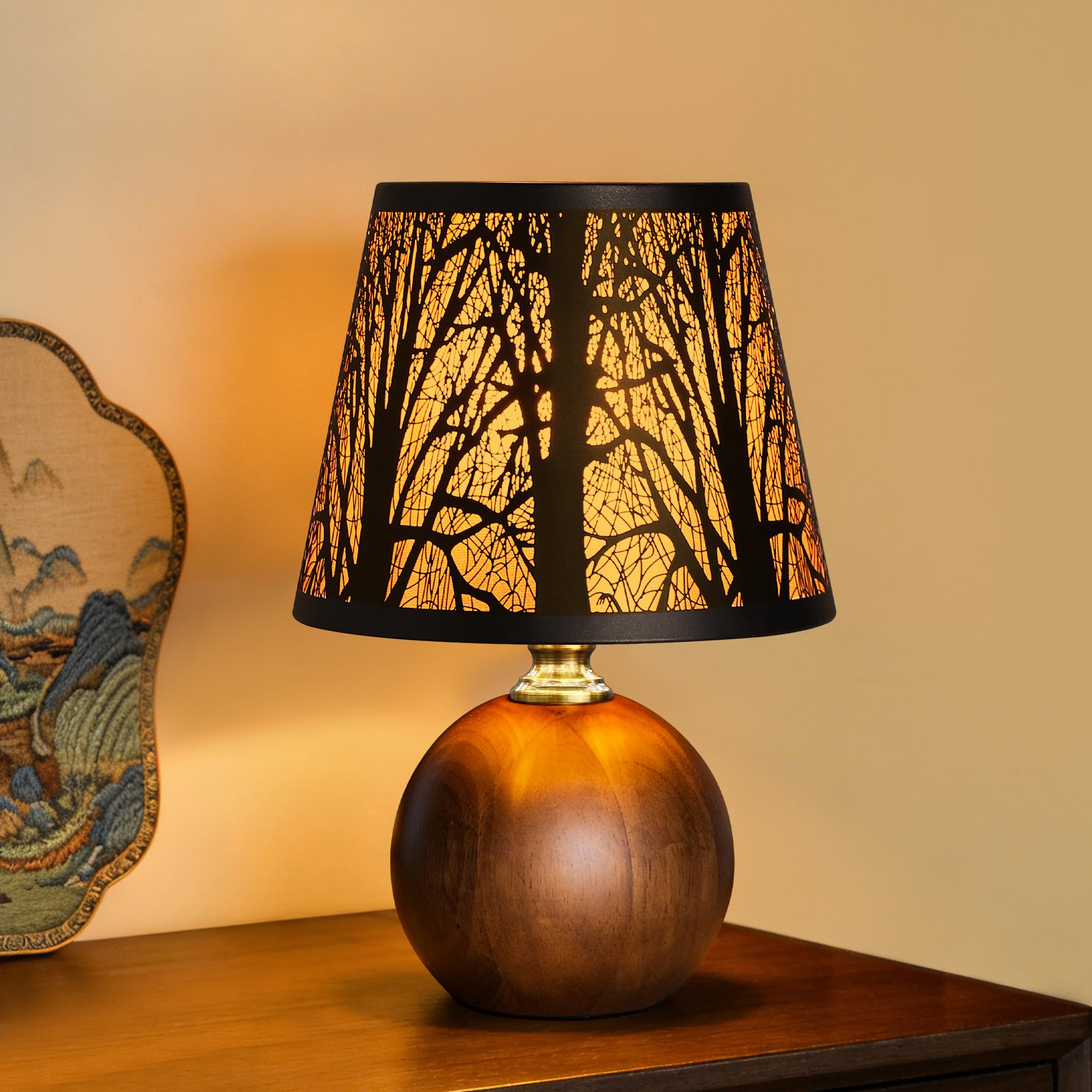 11.4" Modern Wooden Bedside Table Lamp, Small Nightstand Desk Lamp with Fabric Shade, Warm Ambient Light, Dimmable E26 Socket with Bulb Included for Bedroom Living Room (Fabric)