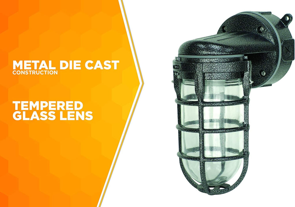 Woods L1707SVBLK Wall Mount Light in Hammered Black Finish Sturdy Die Cast Aluminum Cage; 100 Watt Incandescent; Industrial Design; Suitable for Indoor and Outdoor Use