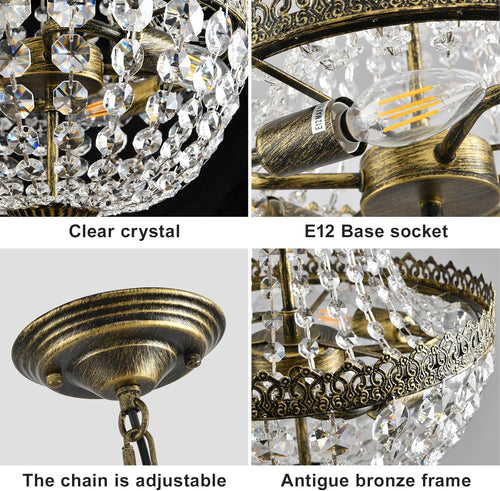 4 Lights French Empire Mini Crystal Chandelier Farmhouse Pendant Lighting,Antique Brass Finish Ceiling Light Fixture for Dining Room Bedroom Foyer Living Room, W12.6 x H19.7
