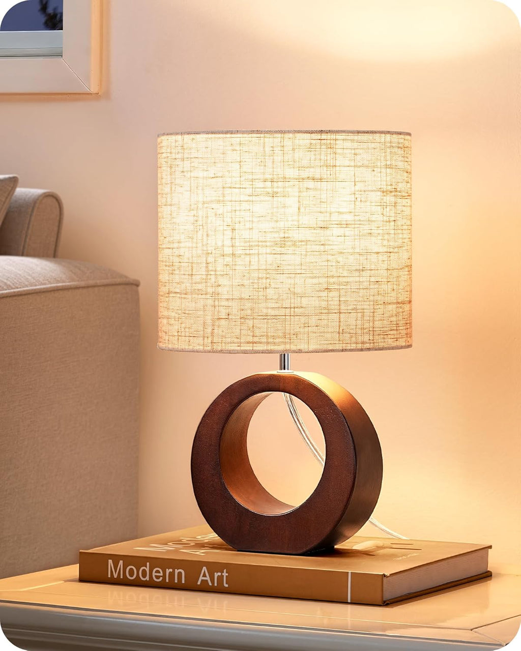 EDISHINE 13.4" Samll Wood Table Lamp, Modern Bedside Lamp with Beige Linen Lampshade & ON-Off Switch, E26 Base, Nightstand Lamp for Living Room, Bedroom, Dark Walnut