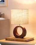 EDISHINE 13.4" Samll Wood Table Lamp, Modern Bedside Lamp with Beige Linen Lampshade & ON-Off Switch, E26 Base, Nightstand Lamp for Living Room, Bedroom, Dark Walnut