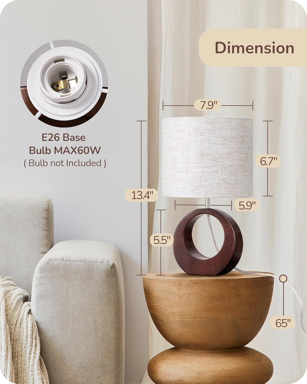 EDISHINE 13.4" Samll Wood Table Lamp, Modern Bedside Lamp with Beige Linen Lampshade & ON-Off Switch, E26 Base, Nightstand Lamp for Living Room, Bedroom, Dark Walnut