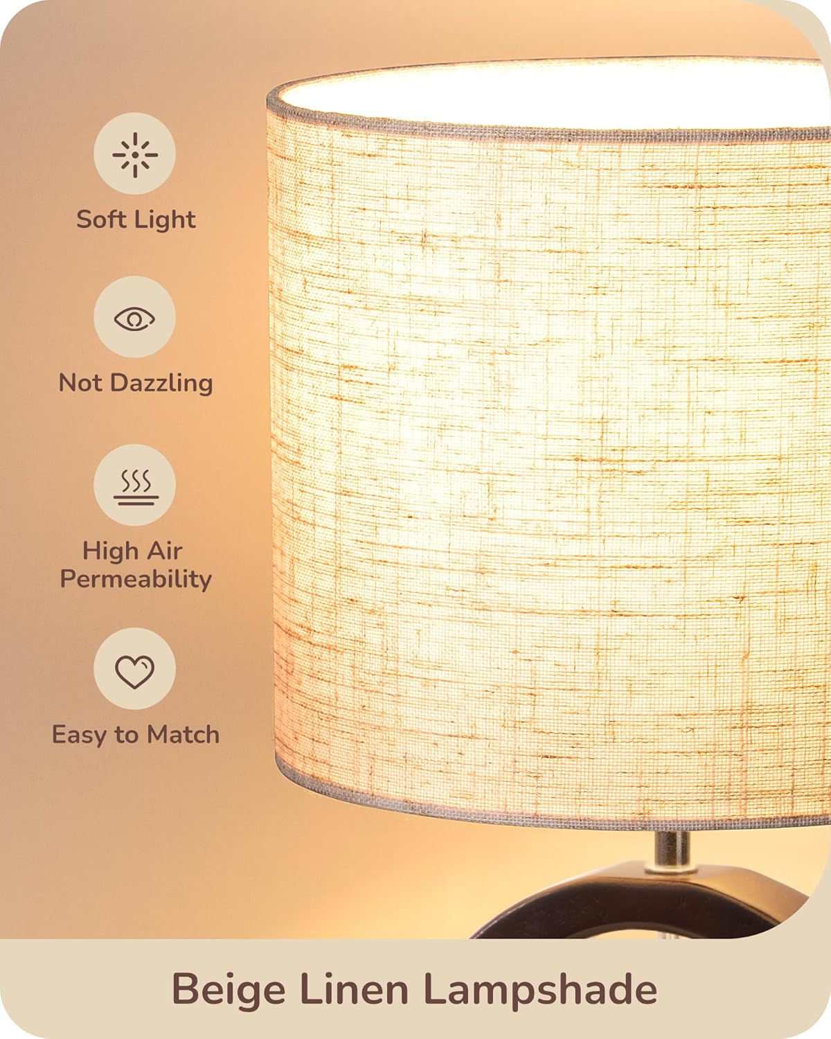 EDISHINE 13.4" Samll Wood Table Lamp, Modern Bedside Lamp with Beige Linen Lampshade & ON-Off Switch, E26 Base, Nightstand Lamp for Living Room, Bedroom, Dark Walnut