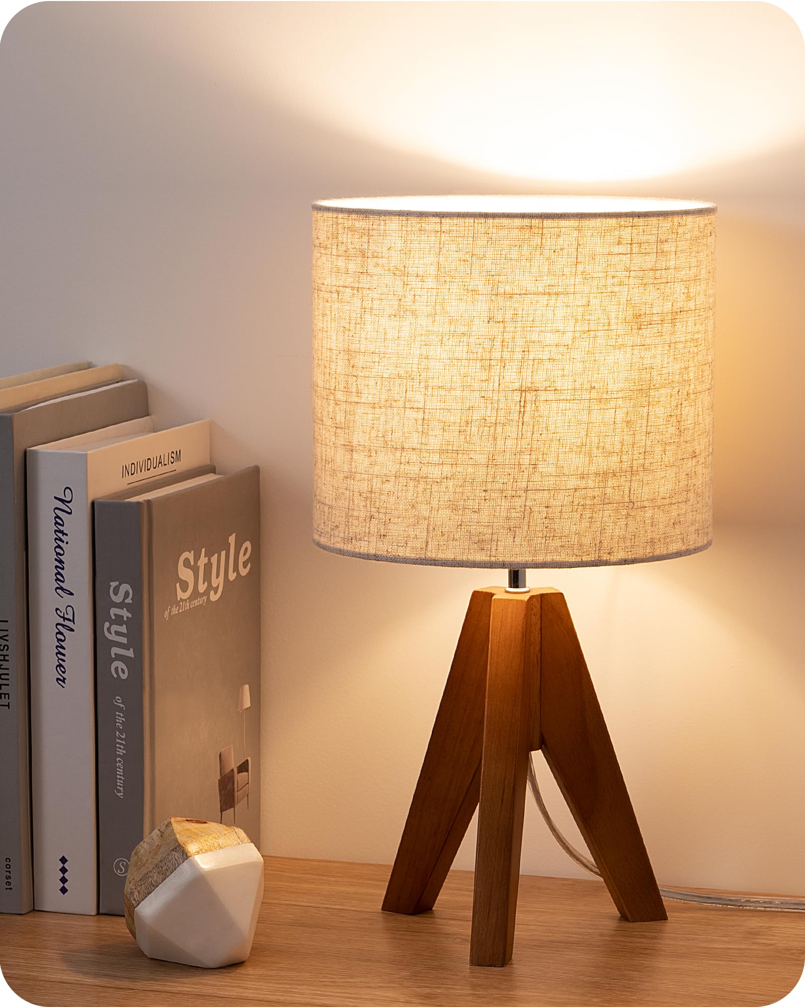 EDISHINE Boho Small Table Lamp, Walnut Color Wooden Tripod Bedside Lamp, Farmhouse Nightstand Lamp for Nursery, Bedroom, Office, Kid Room, Living Room, Grey Linen Lampshade, E26 Socket, 14.2 Inch