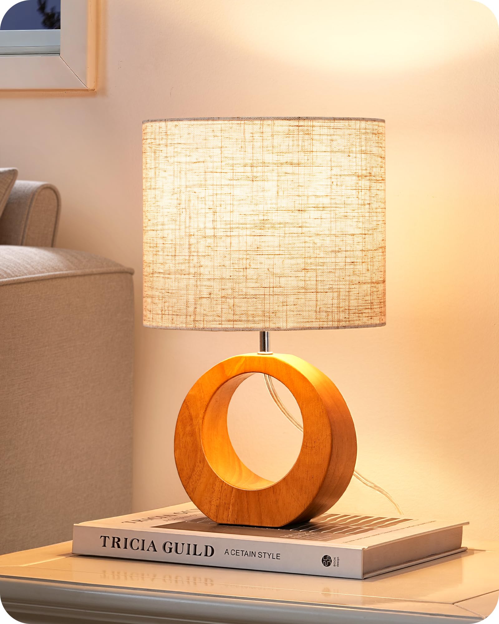 EDISHINE 13.4" Samll Wood Table Lamp, Modern Bedside Lamp with Beige Linen Lampshade & ON-Off Switch, E26 Base, Nightstand Lamp for Living Room, Bedroom, Dark Walnut