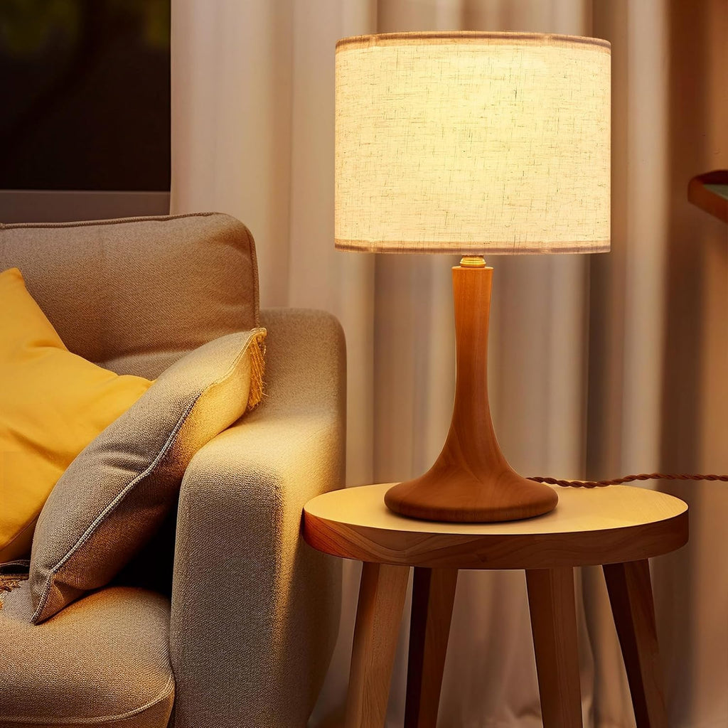 Bedside Table Lamp for Bedroom, Nordic Plug in Fabric Shade & Solid Wood Base Desk Lamp, Plug & Play Natural Wood Nightstand Lamp for Living Room, Office, Switch Power Cord 【Bulb Not Included】