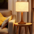 Bedside Table Lamp for Bedroom, Nordic Plug in Fabric Shade & Solid Wood Base Desk Lamp, Plug & Play Natural Wood Nightstand Lamp for Living Room, Office, Switch Power Cord 【Bulb Not Included】