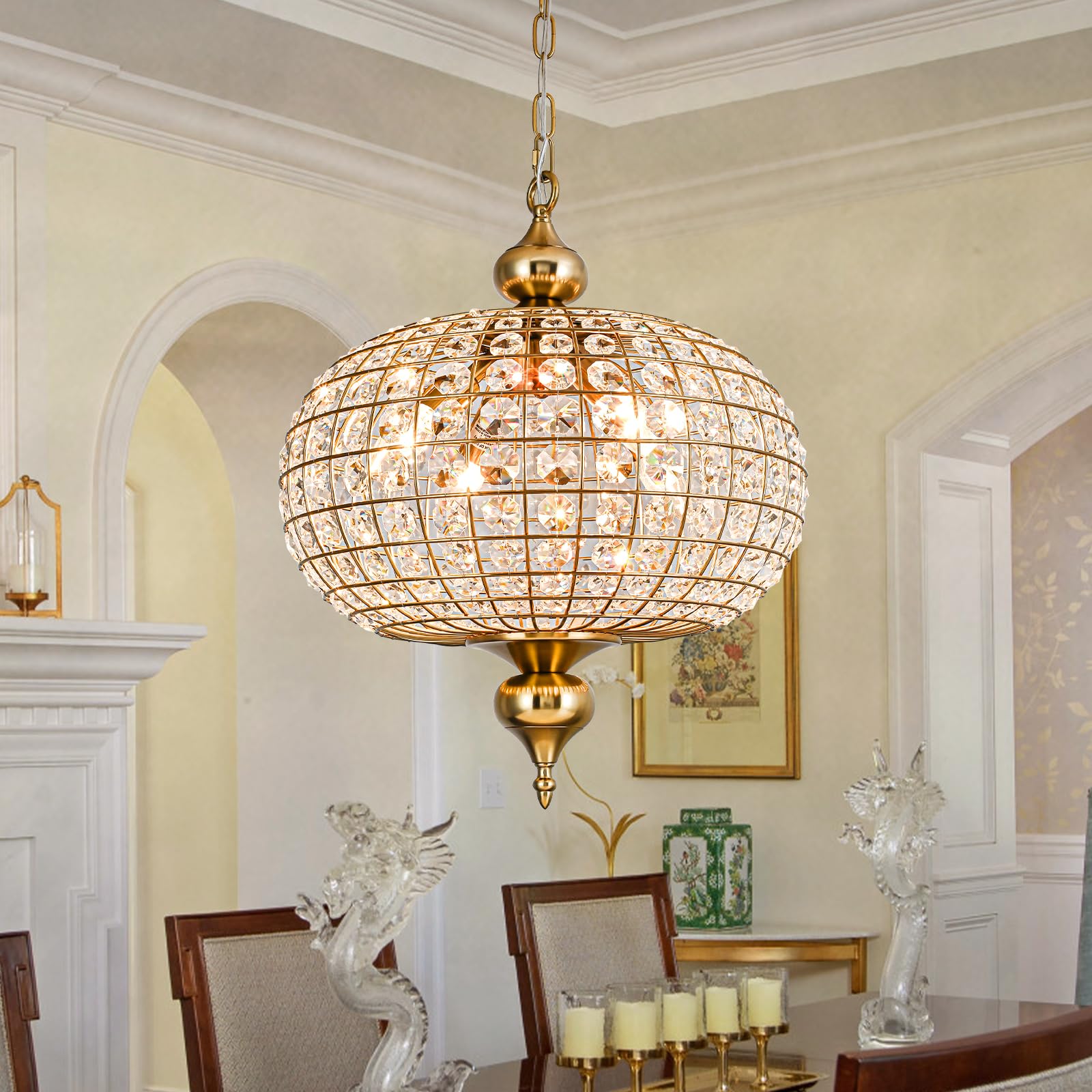 20.5" Antique Brass Crystal Chandelier, Large Farmhouse Dining Room Light Fixture, 5-Light Vintage Crystal Hanging Chandelier for High Ceiling Living Room Kitchen Island