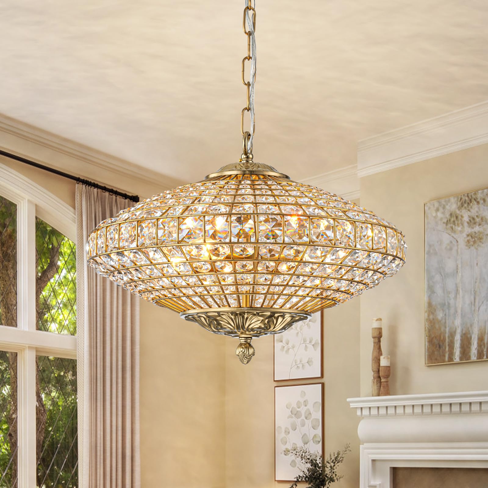 20.5" Antique Brass Crystal Chandelier, Large Farmhouse Dining Room Light Fixture, 5-Light Vintage Crystal Hanging Chandelier for High Ceiling Living Room Kitchen Island