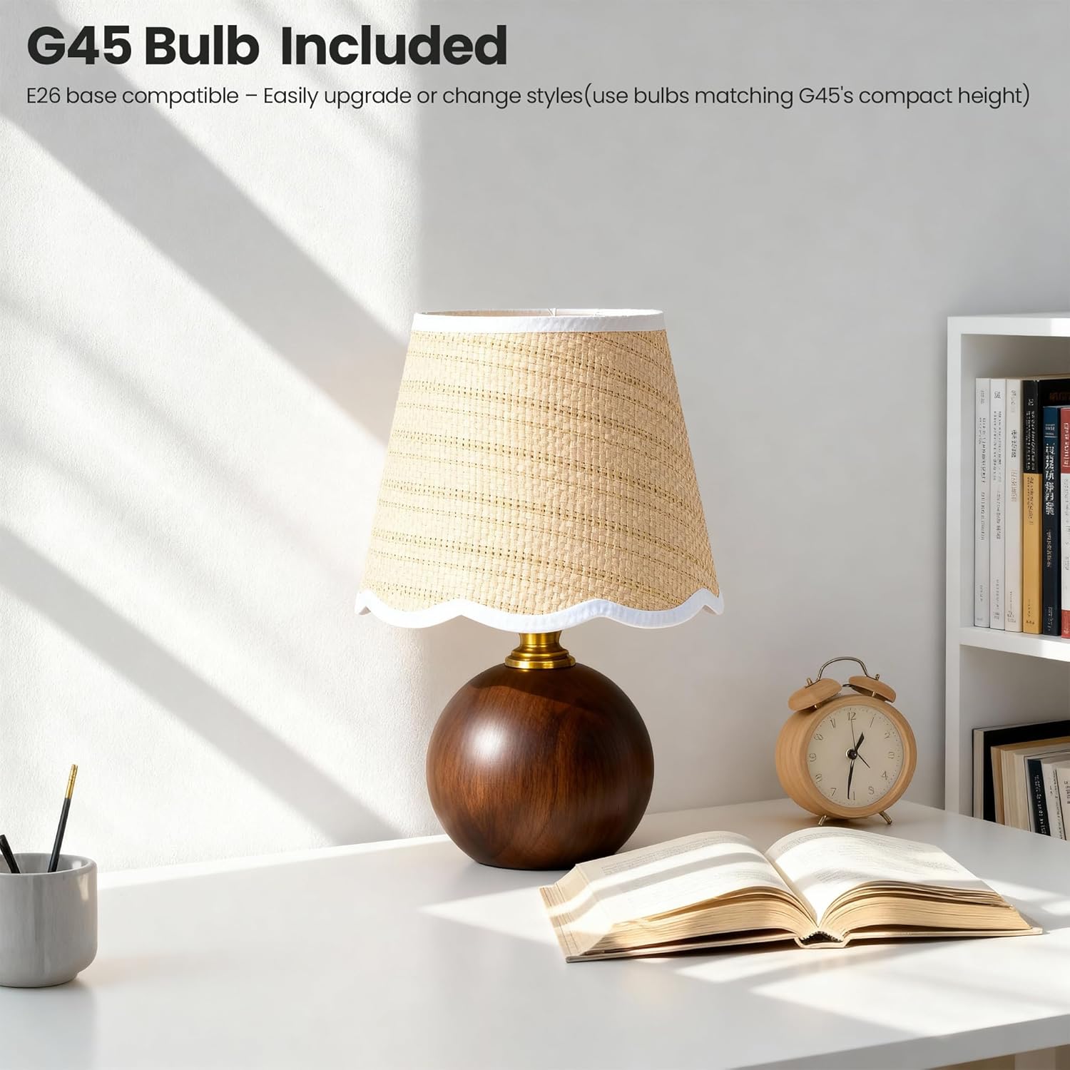 11.4" Modern Wooden Bedside Table Lamp, Small Nightstand Desk Lamp with Fabric Shade, Warm Ambient Light, Dimmable E26 Socket with Bulb Included for Bedroom Living Room (Fabric)