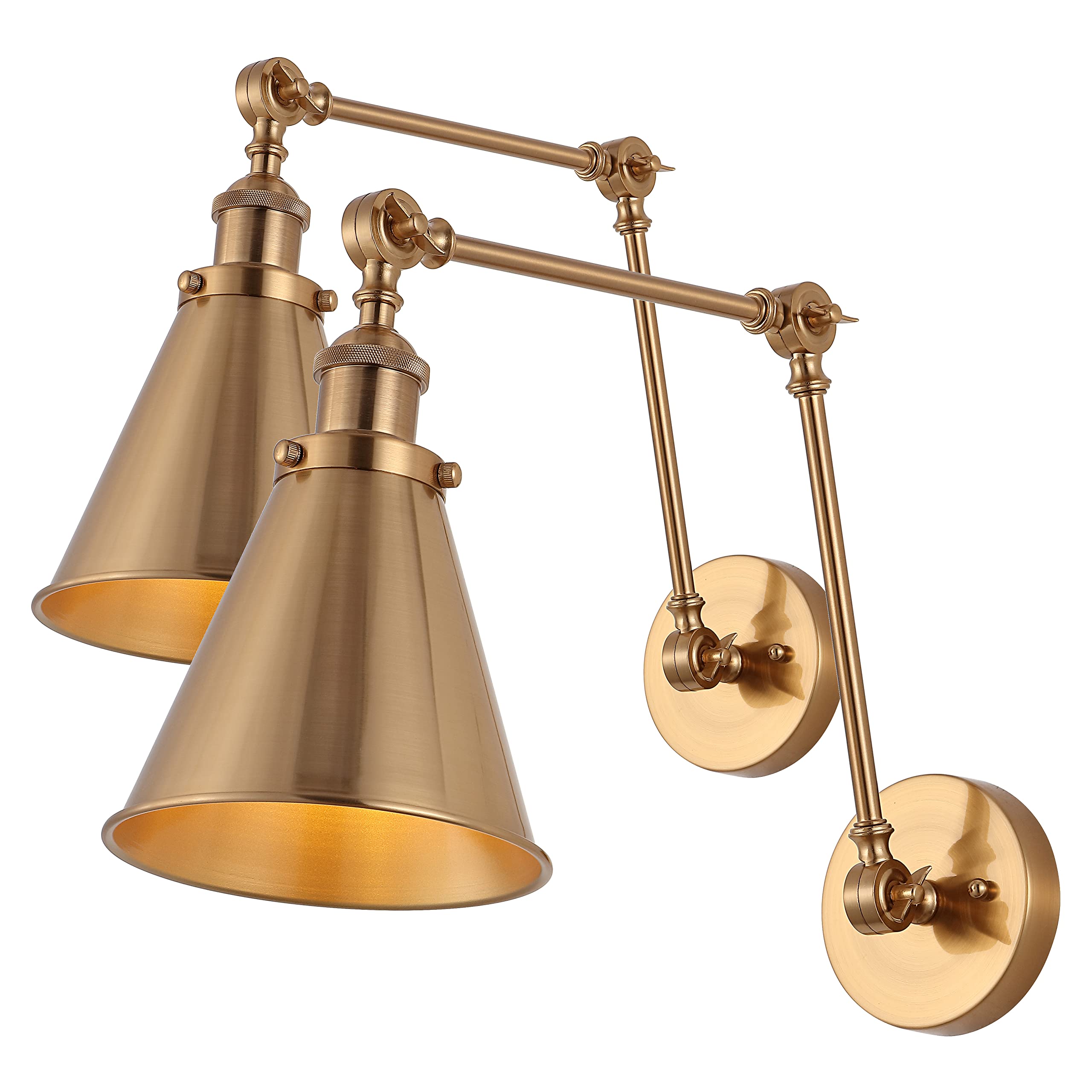 JONATHAN Y 7" Black/Brass Gold Classic Industrial Metal Adjustable Arm LED Wall Sconce for Bedside Reading, Farmhouse Swing Arm Wall Lamp with Metal Shade, Hardwired (JYL7462A-SET2)